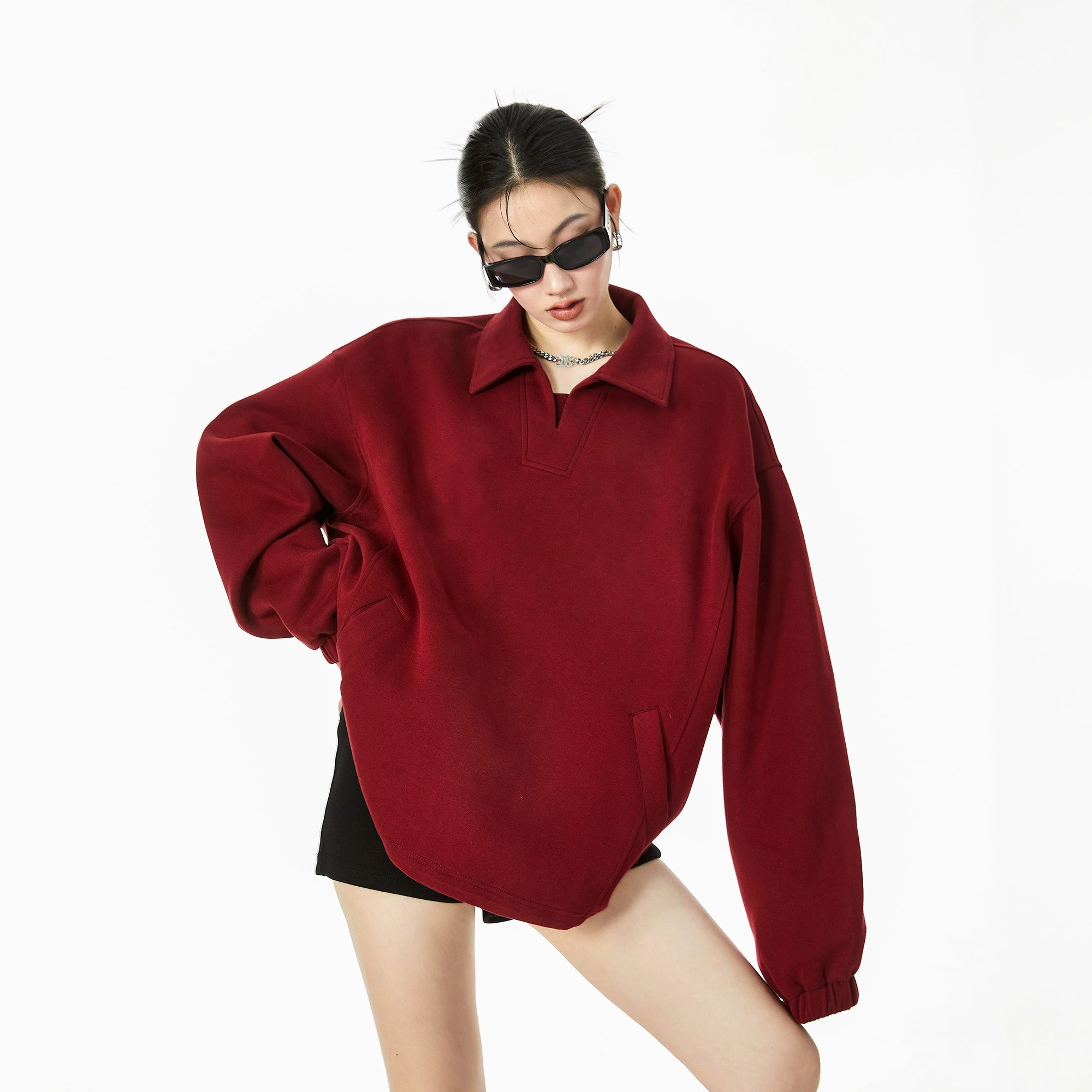 ICH MODE 美式POLO领纯色卫衣2025年秋冬新款慵懒风宽松上衣女款