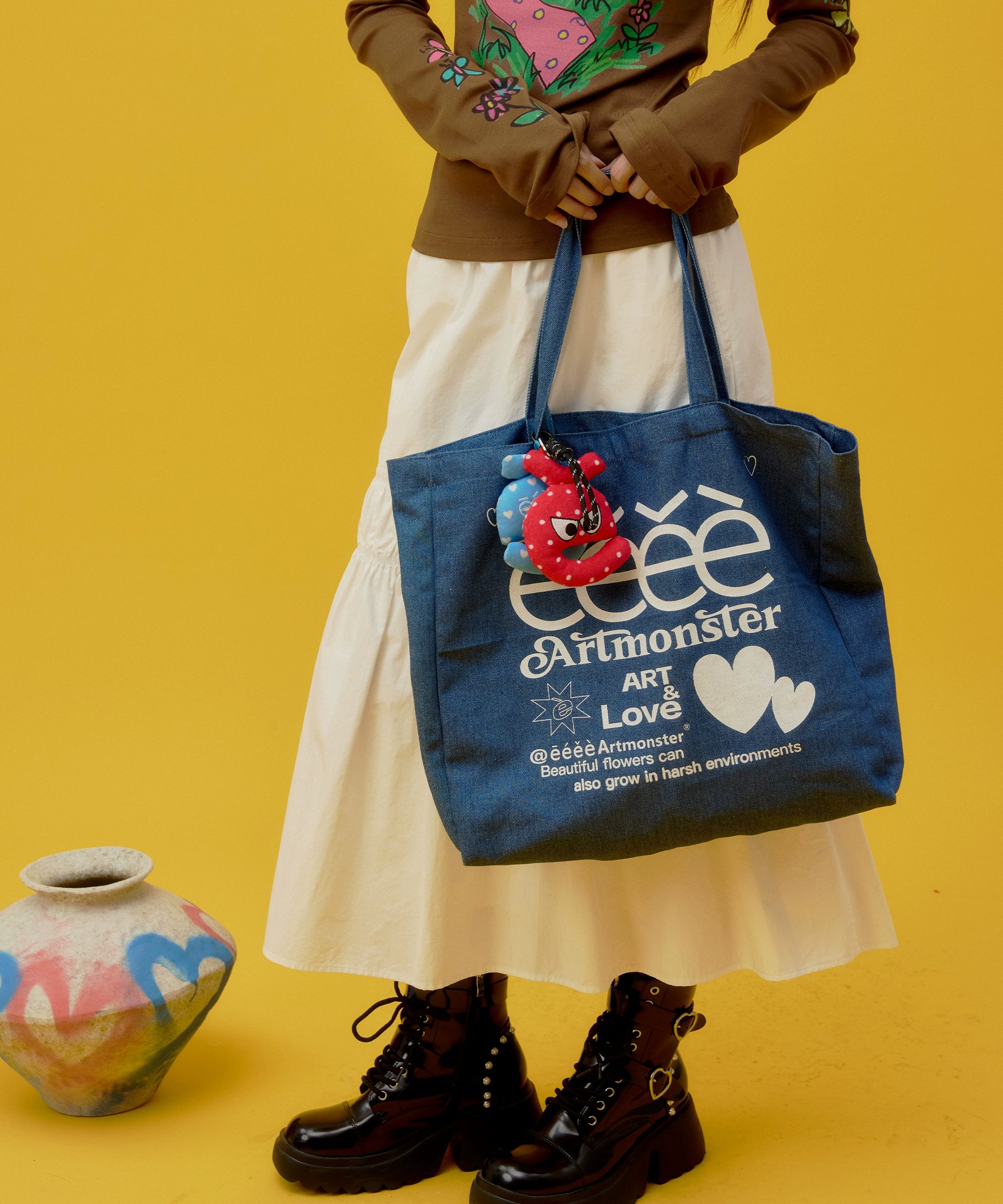 eeeeArtmonster“百宝袋”蓝色单肩包拎包字母爱心帆布包通勤包