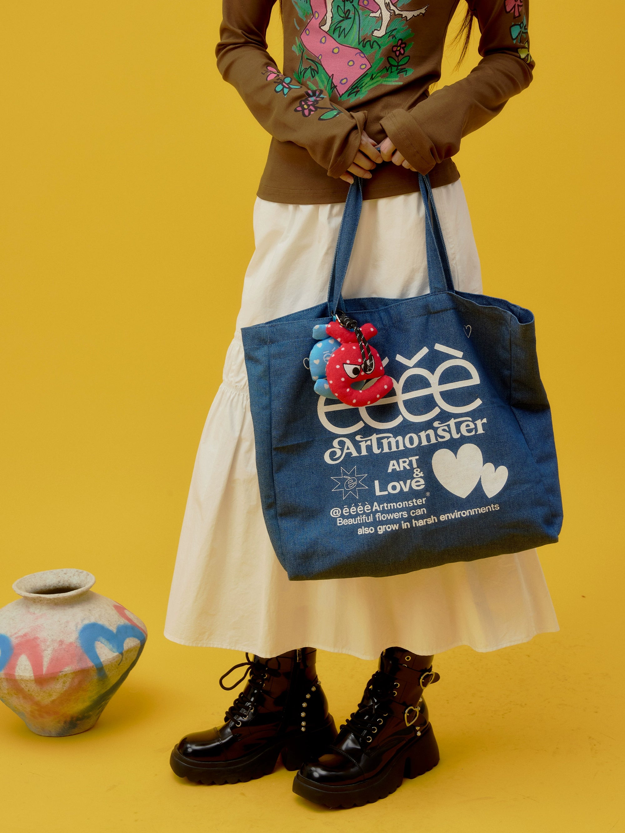 eeeeArtmonster“百宝袋”蓝色单肩包拎包字母爱心帆布包通勤包