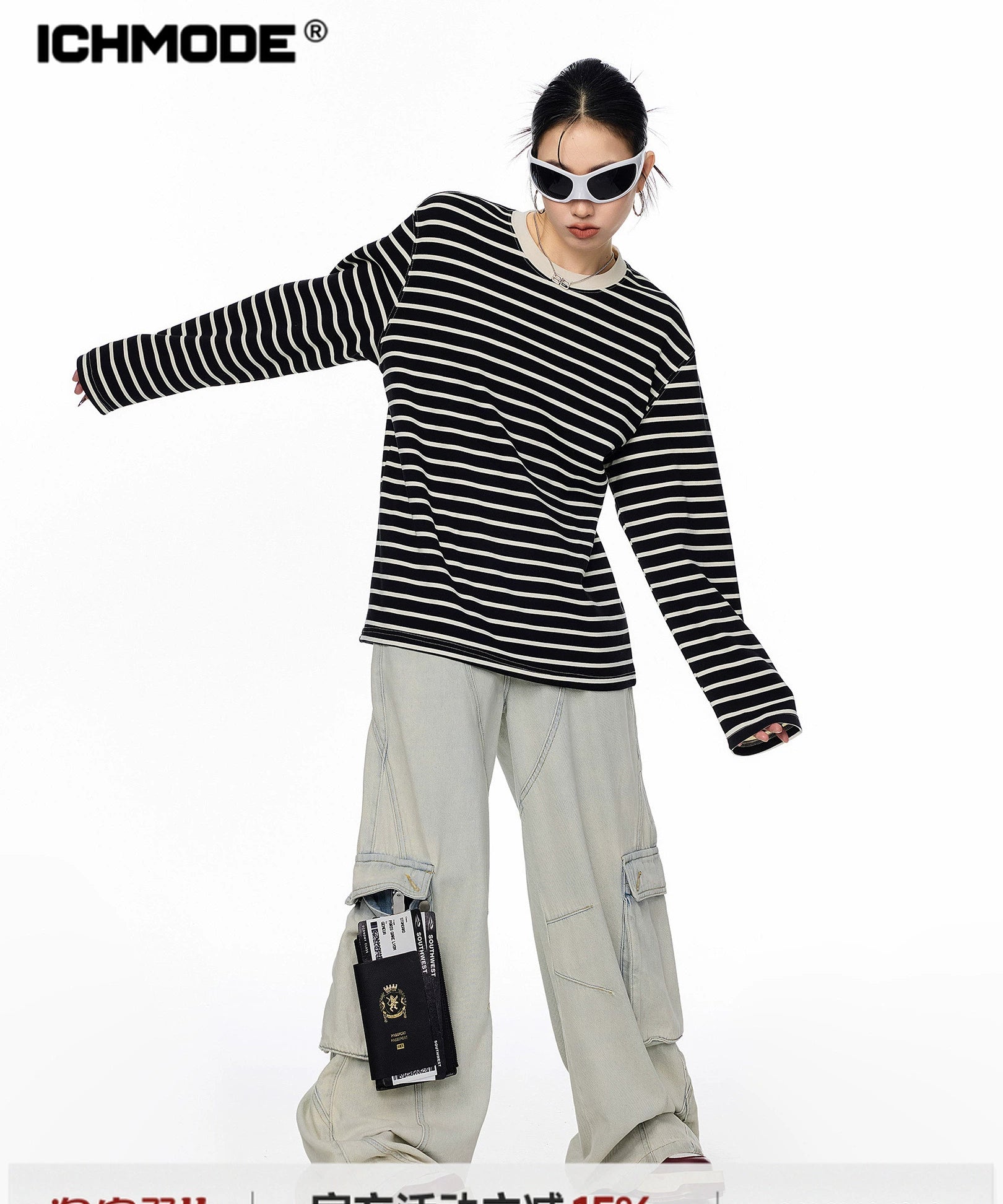ICH MODE 美式复古圆领条纹长袖T恤女秋冬休闲百搭宽松打底上衣t
