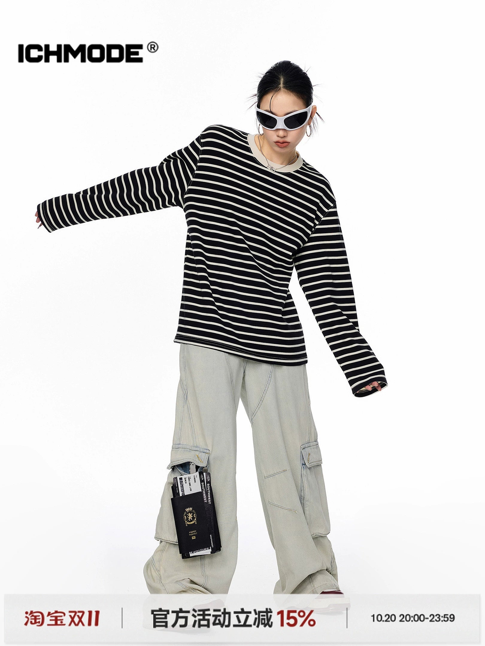 ICH MODE 美式复古圆领条纹长袖T恤女秋冬休闲百搭宽松打底上衣t