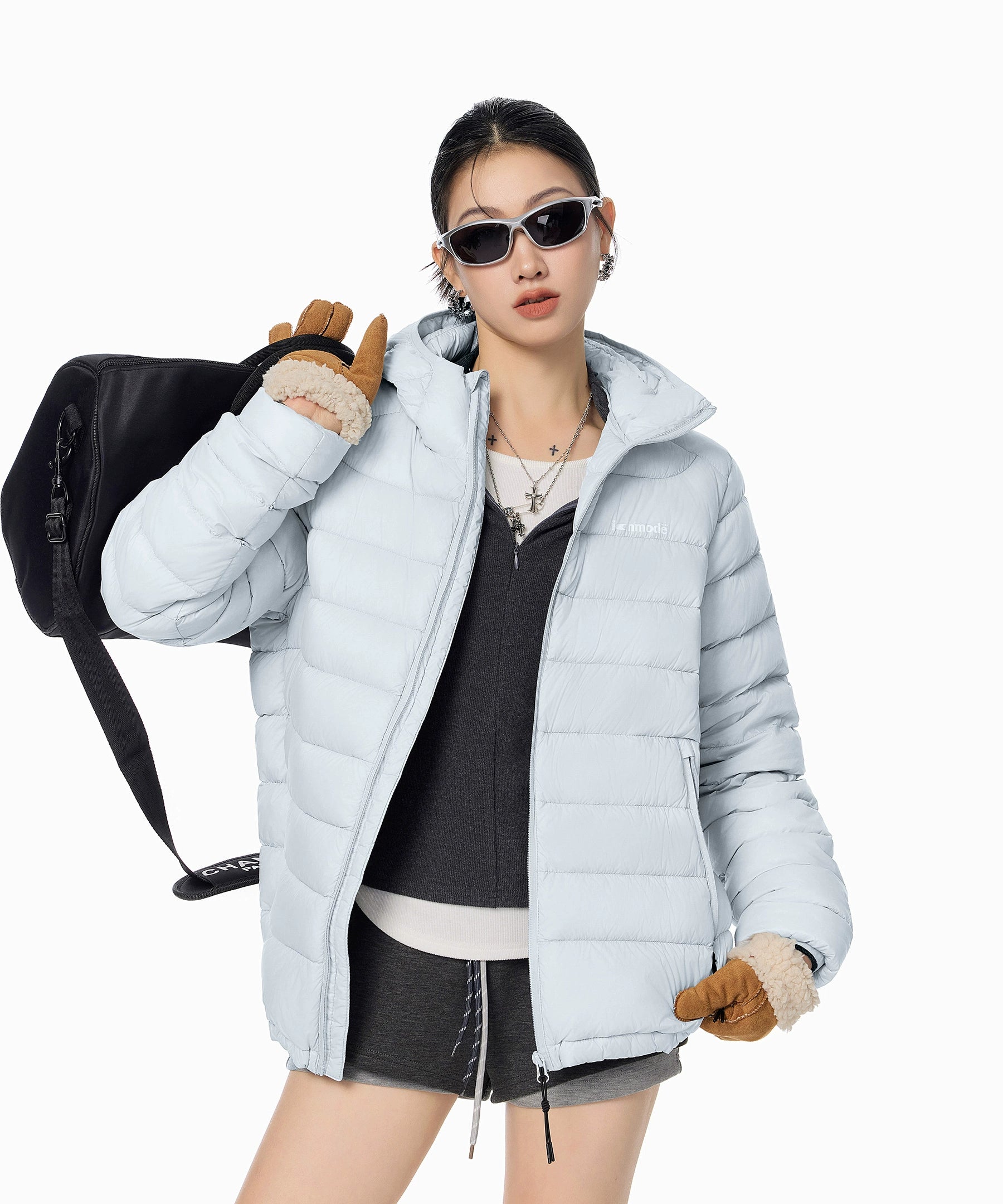 ICH MODE 美式复古90白鸭绒排骨羽绒服女冬季轻薄防寒连帽短外套