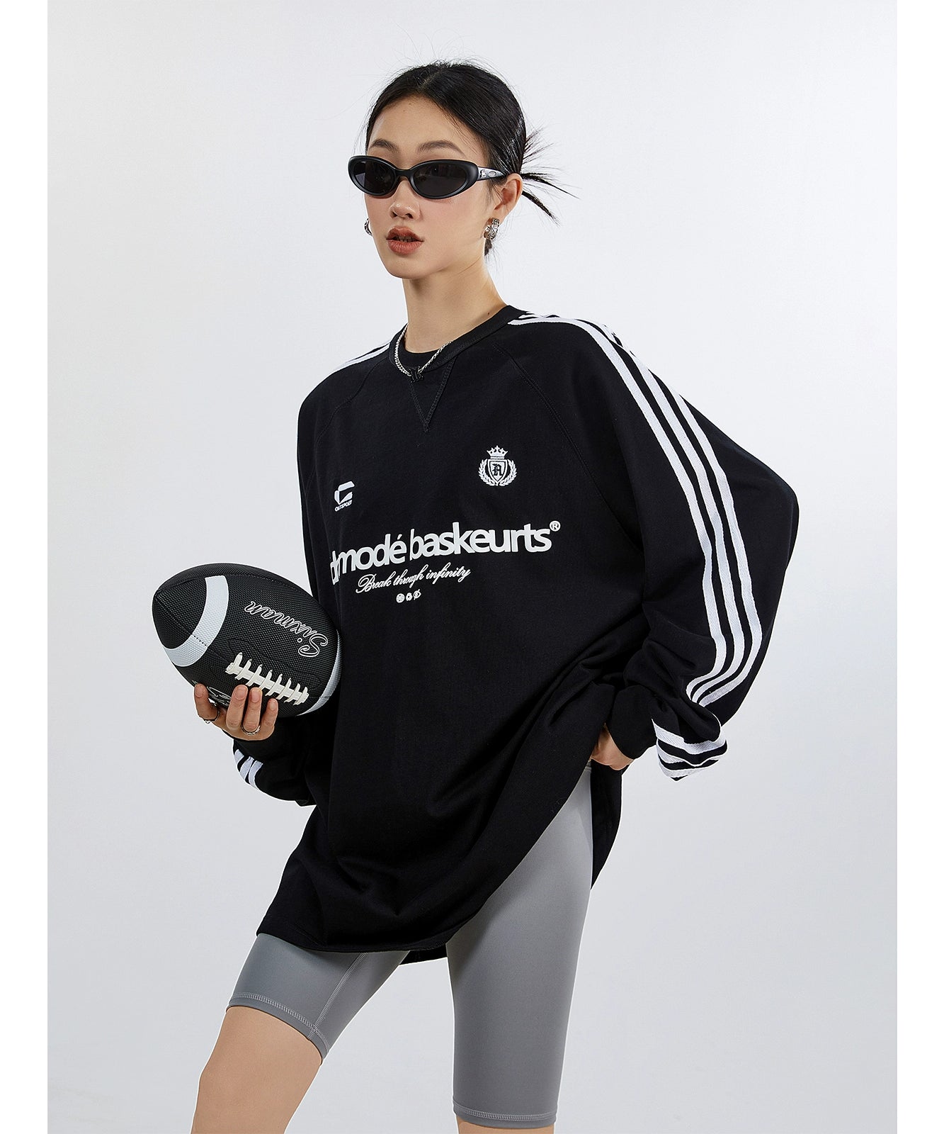 ICH MODE 270G美式复古条纹长袖T恤潮牌街头宽松休闲运动上衣女秋