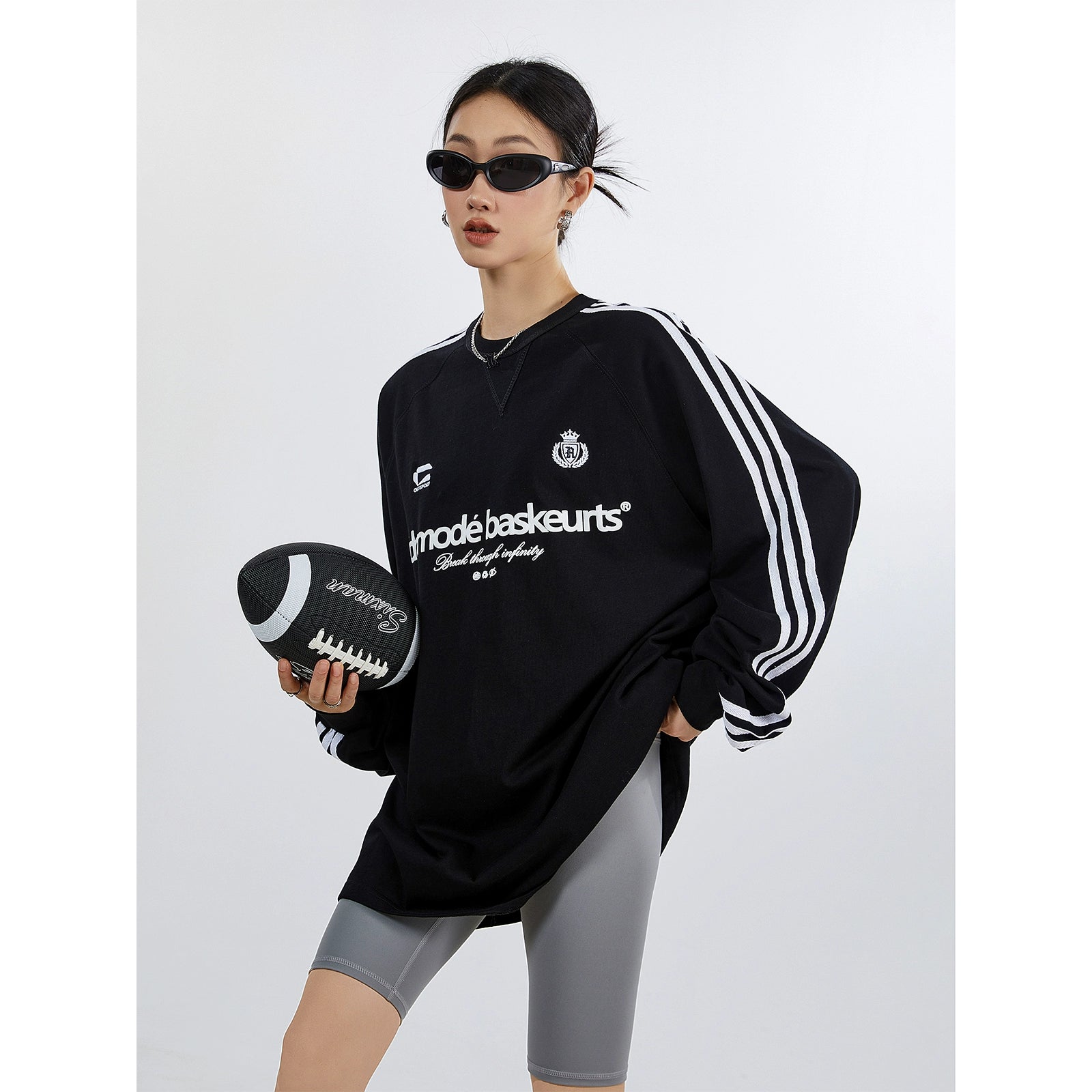 ICH MODE 270G美式复古条纹长袖T恤潮牌街头宽松休闲运动上衣女秋