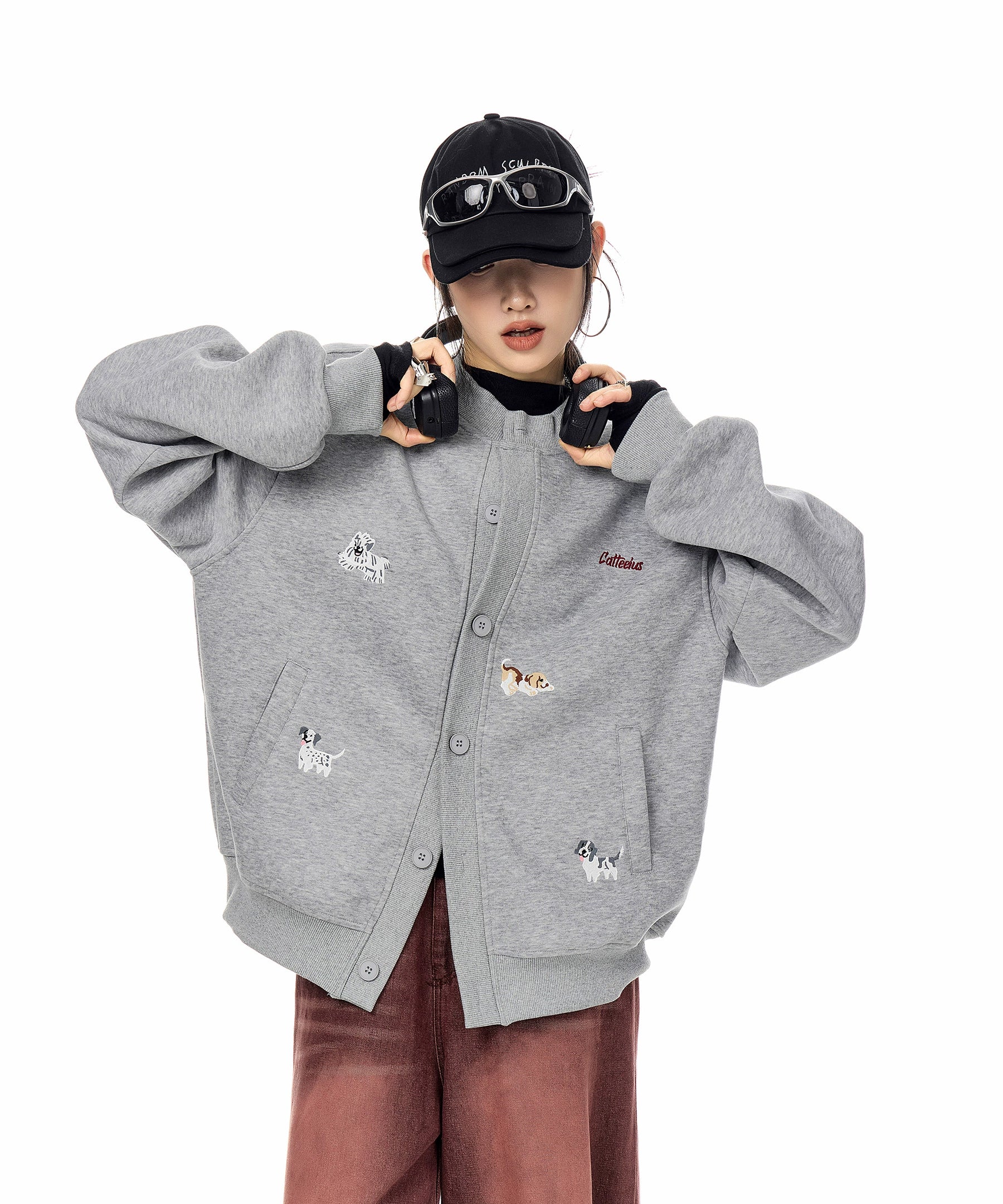 ICH MODE 美式复古小狗刺绣棒球领外套女2025秋冬季卫衣开衫上衣