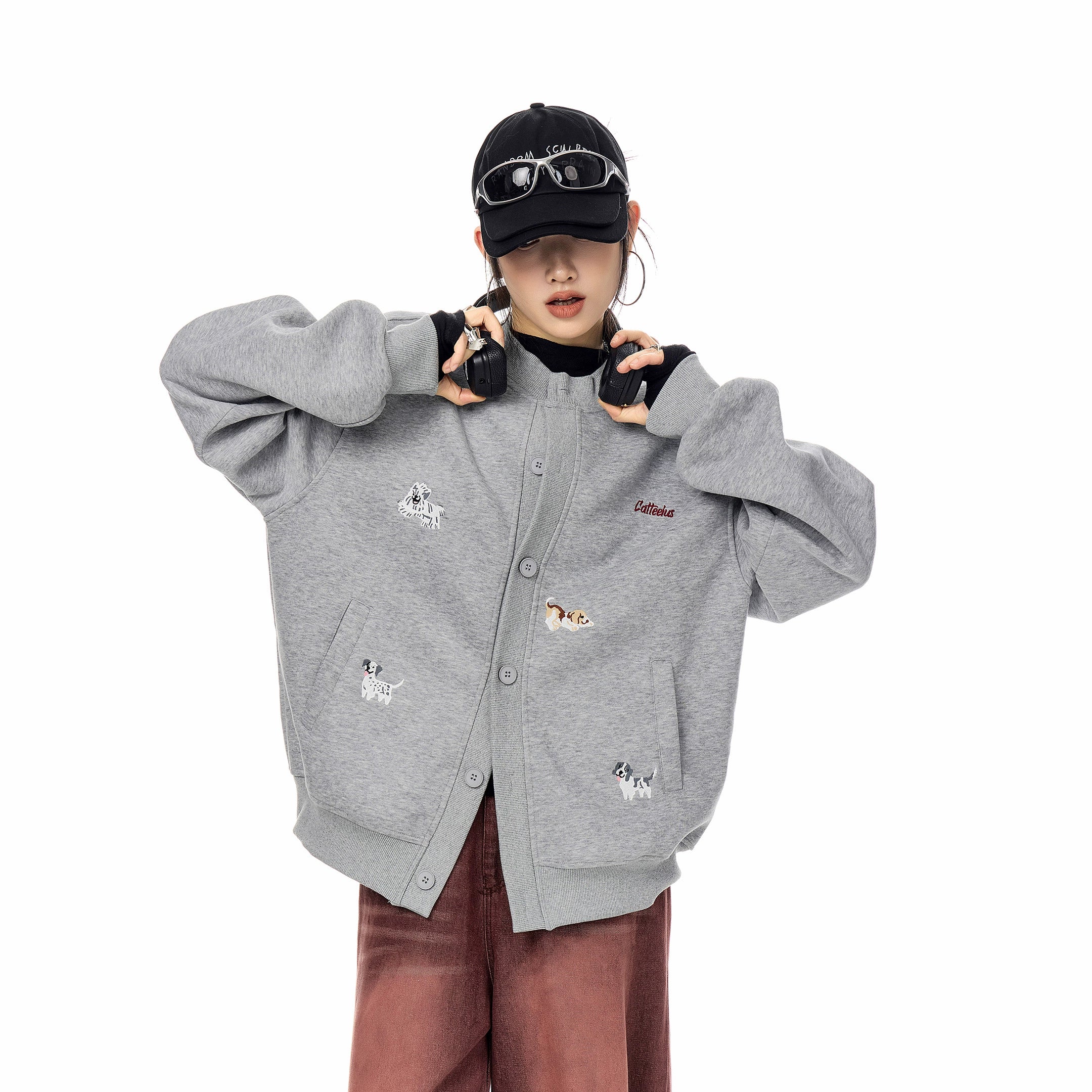 ICH MODE 美式复古小狗刺绣棒球领外套女2025秋冬季卫衣开衫上衣