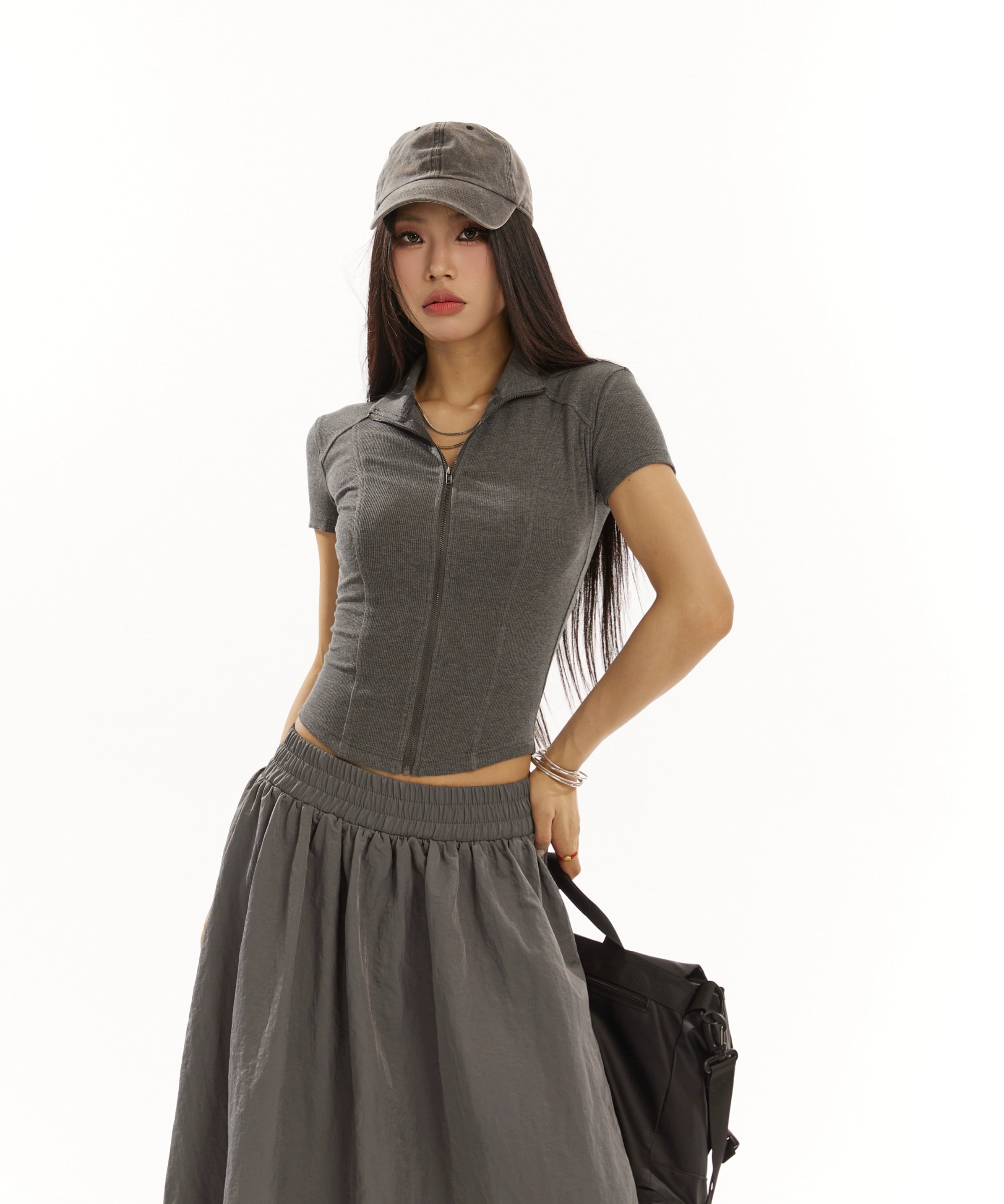 野生zero 黑灰色拉链开衫立领针织上衣女夏季修身显瘦正肩短袖t恤