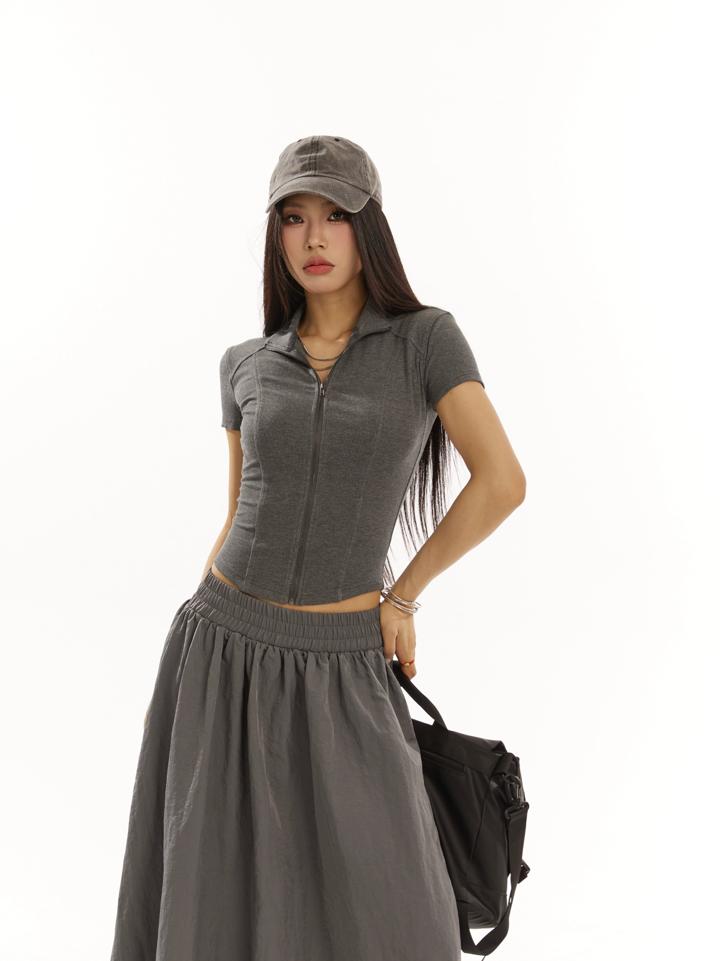 野生zero 黑灰色拉链开衫立领针织上衣女夏季修身显瘦正肩短袖t恤