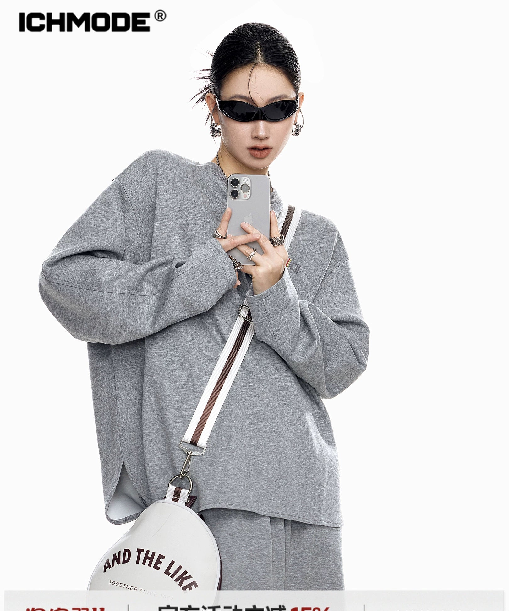 ICH MODE 美式刺绣灰色圆领卫衣女2025新款秋冬复古宽松套头上衣