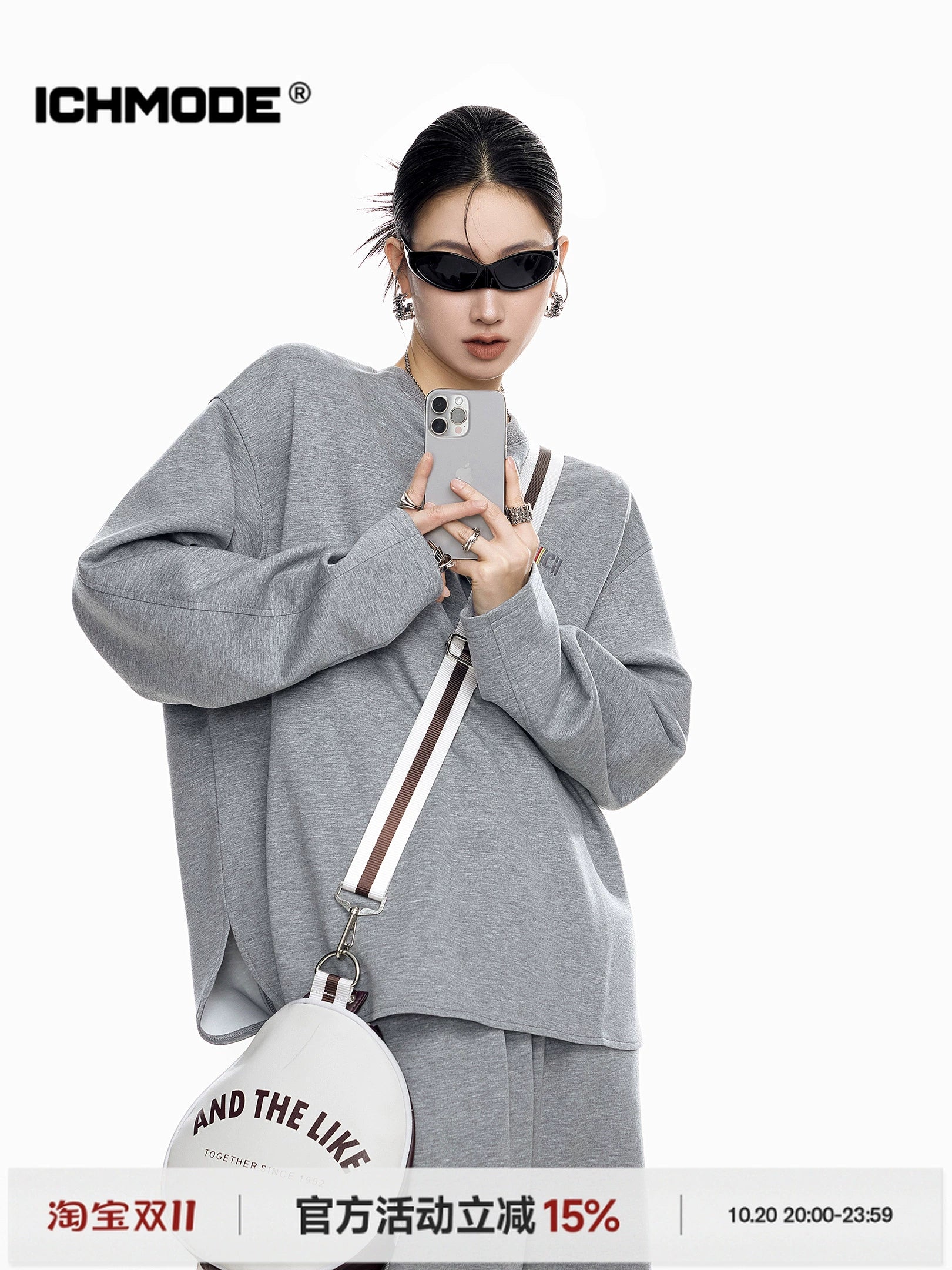 ICH MODE 美式刺绣灰色圆领卫衣女2025新款秋冬复古宽松套头上衣