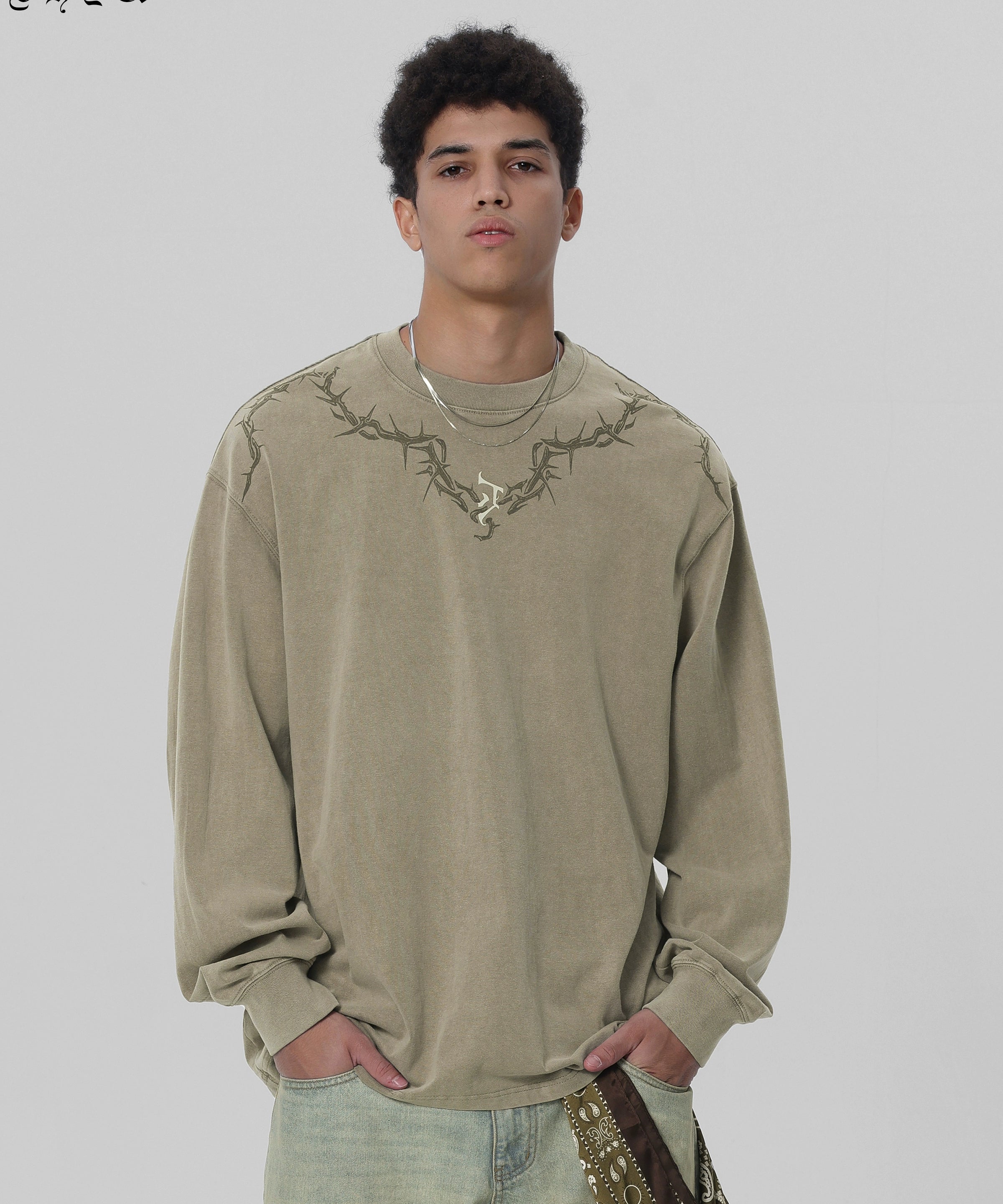 【邓为同款】JHYQ荆棘印花重磅320g水洗美式长袖t恤男宽松卫衣男