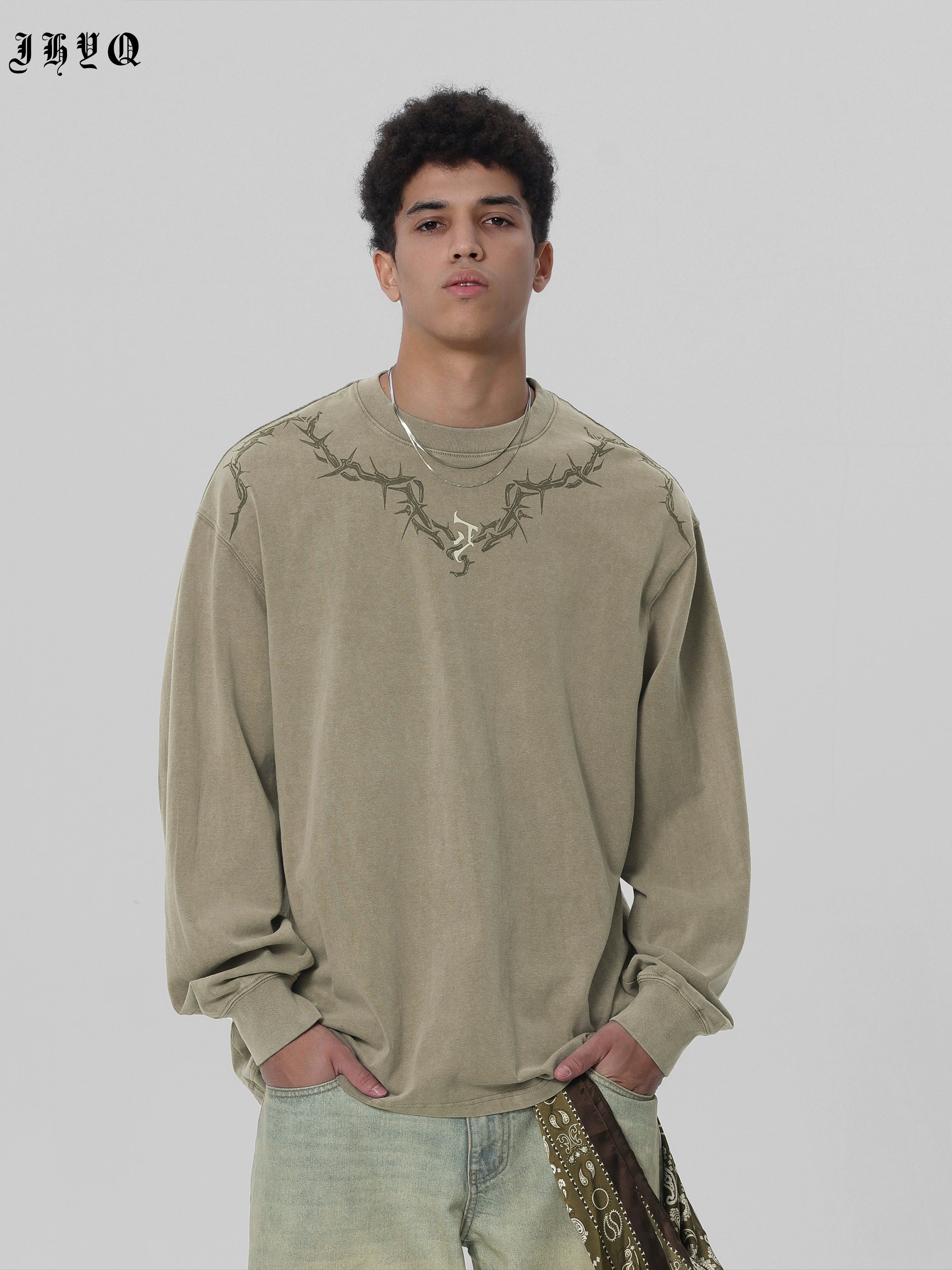 【邓为同款】JHYQ荆棘印花重磅320g水洗美式长袖t恤男宽松卫衣男
