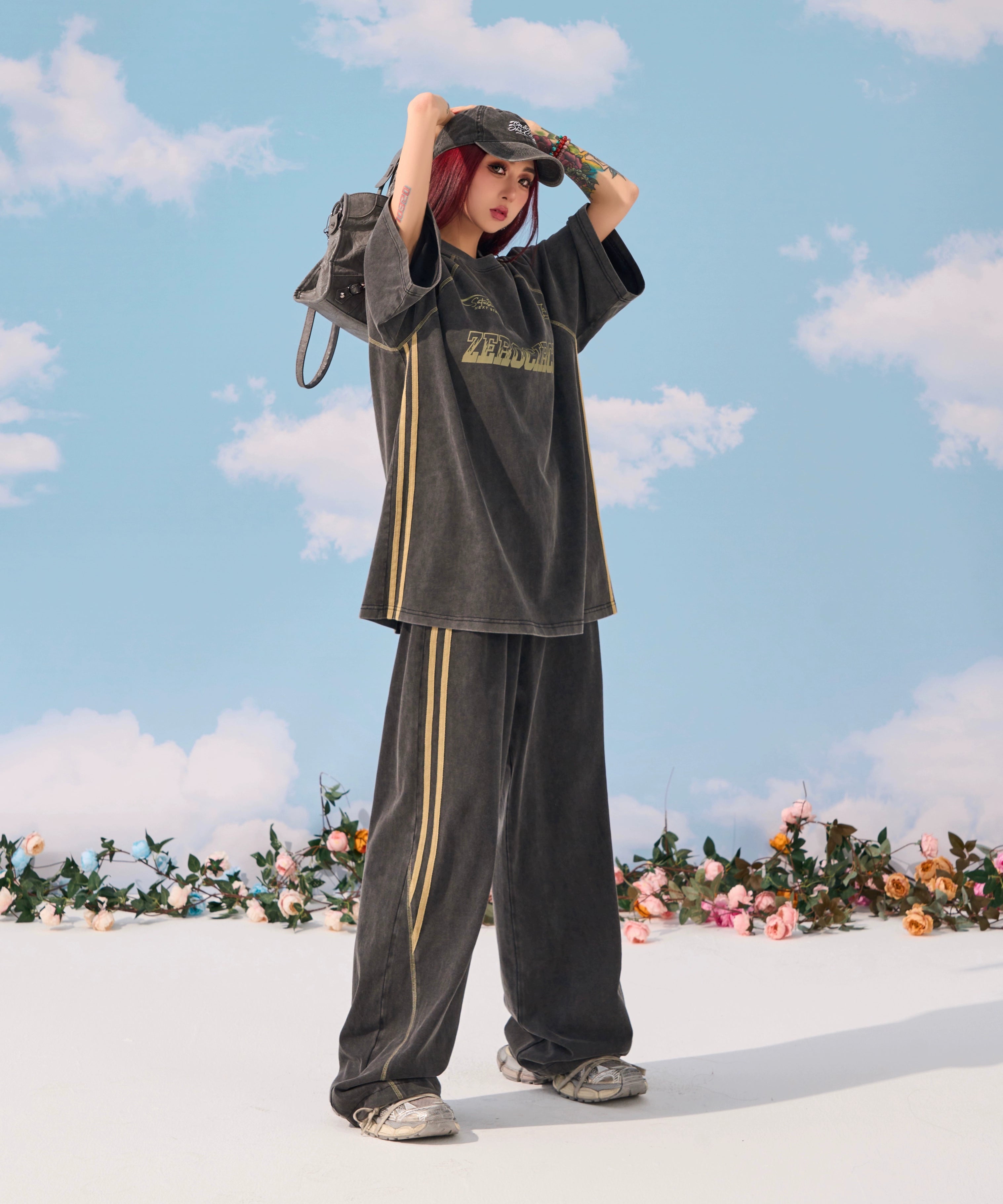 野生zerocircle 休闲套装女夏深灰色水洗宽松印花短袖t恤直筒裤子