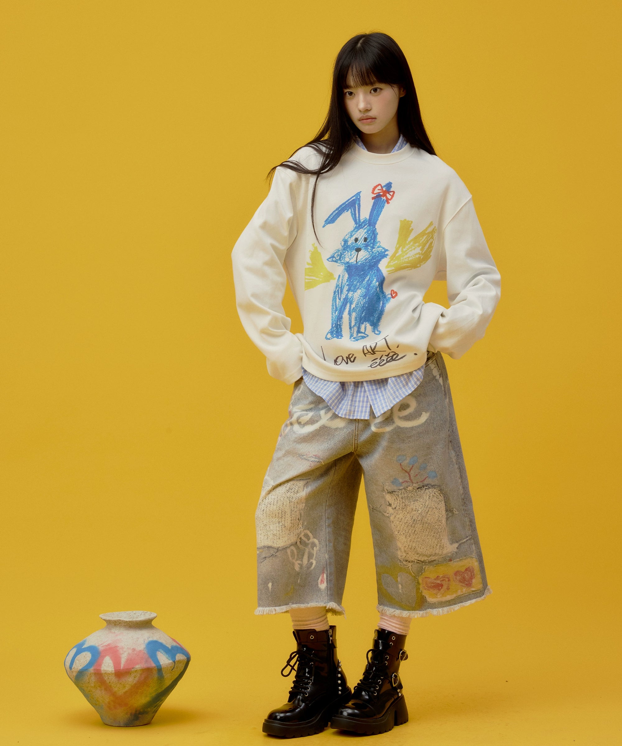 eeeeArtmonster“蓝色兔子”蜡笔手绘印花T恤重磅爱心兔长袖上衣