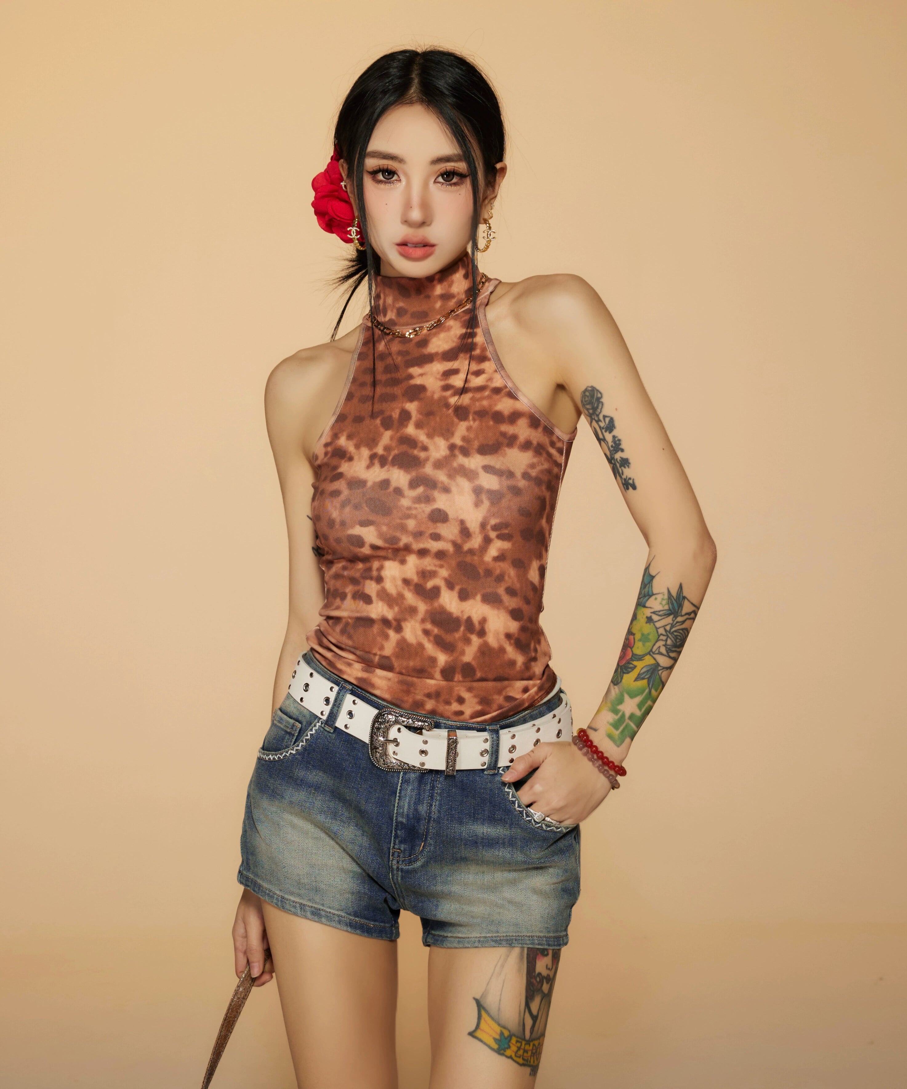 野生zerocircle豹纹无袖高领背心女夏季外穿辣妹修身显瘦小众上衣