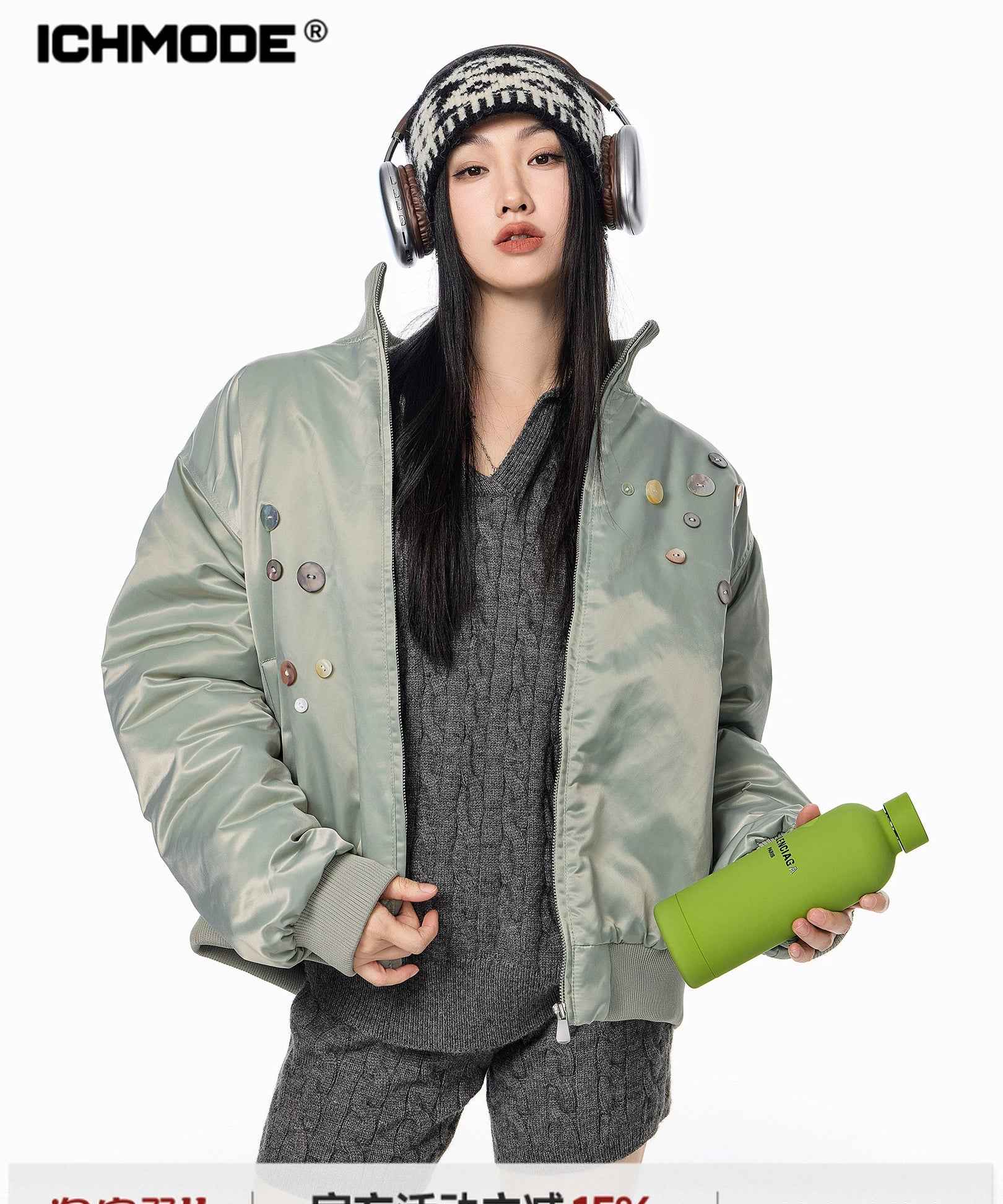 ICH MODE 美式复古彩扣薄棉服女2025新款秋冬季宽松立领棉衣外套