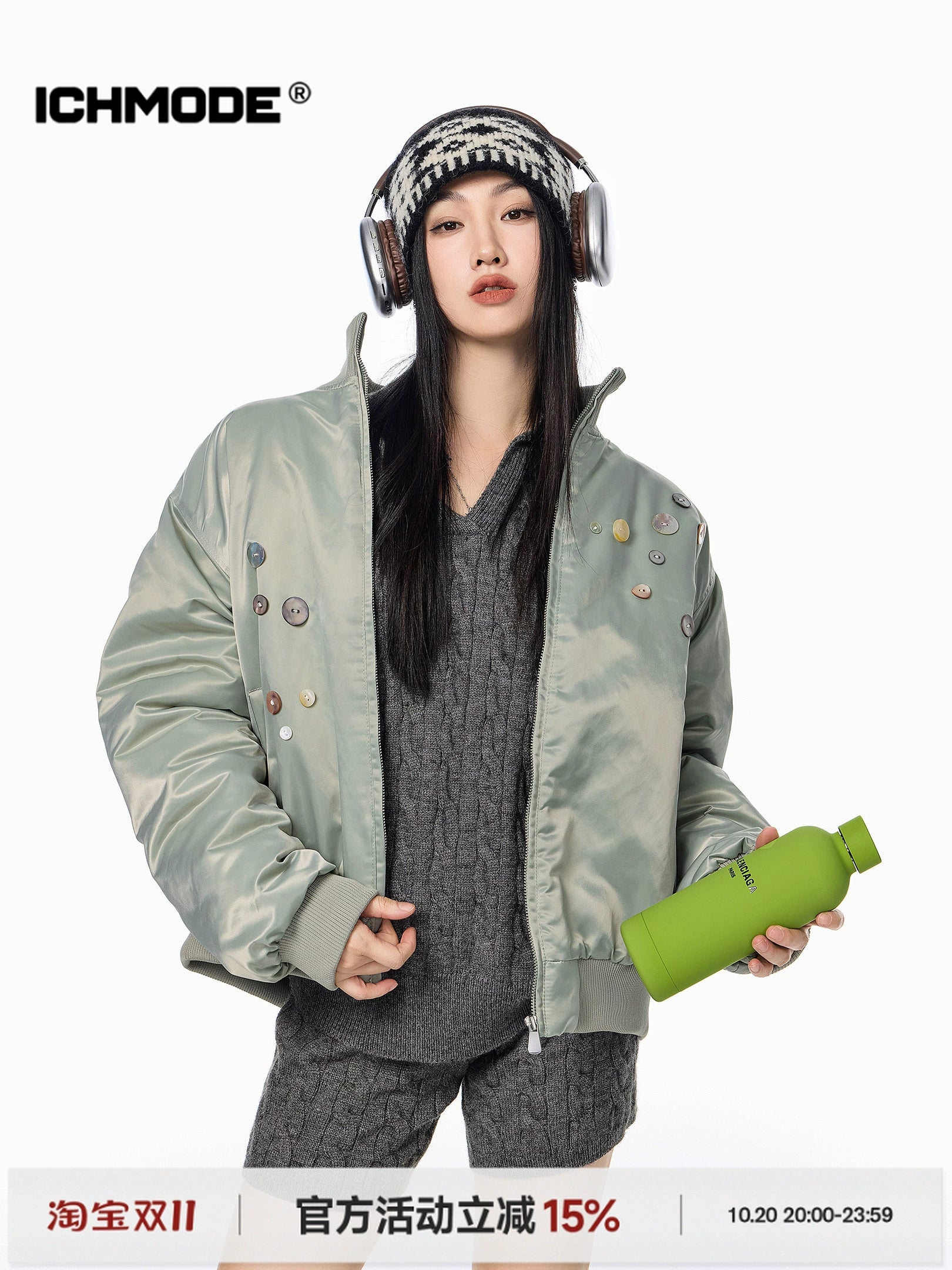 ICH MODE 美式复古彩扣薄棉服女2025新款秋冬季宽松立领棉衣外套