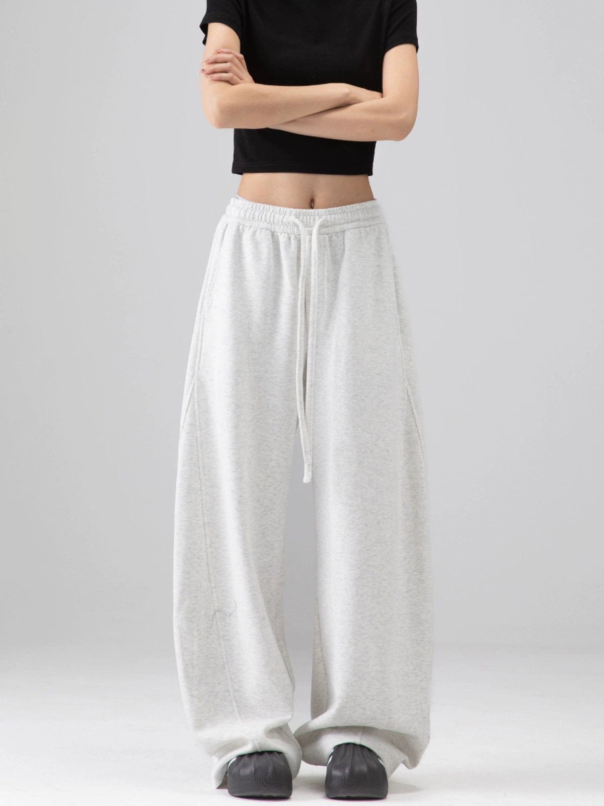 ICH MODE 美式加绒卫裤运动裤女秋冬新款宽松阔腿休闲裤弯刀裤子