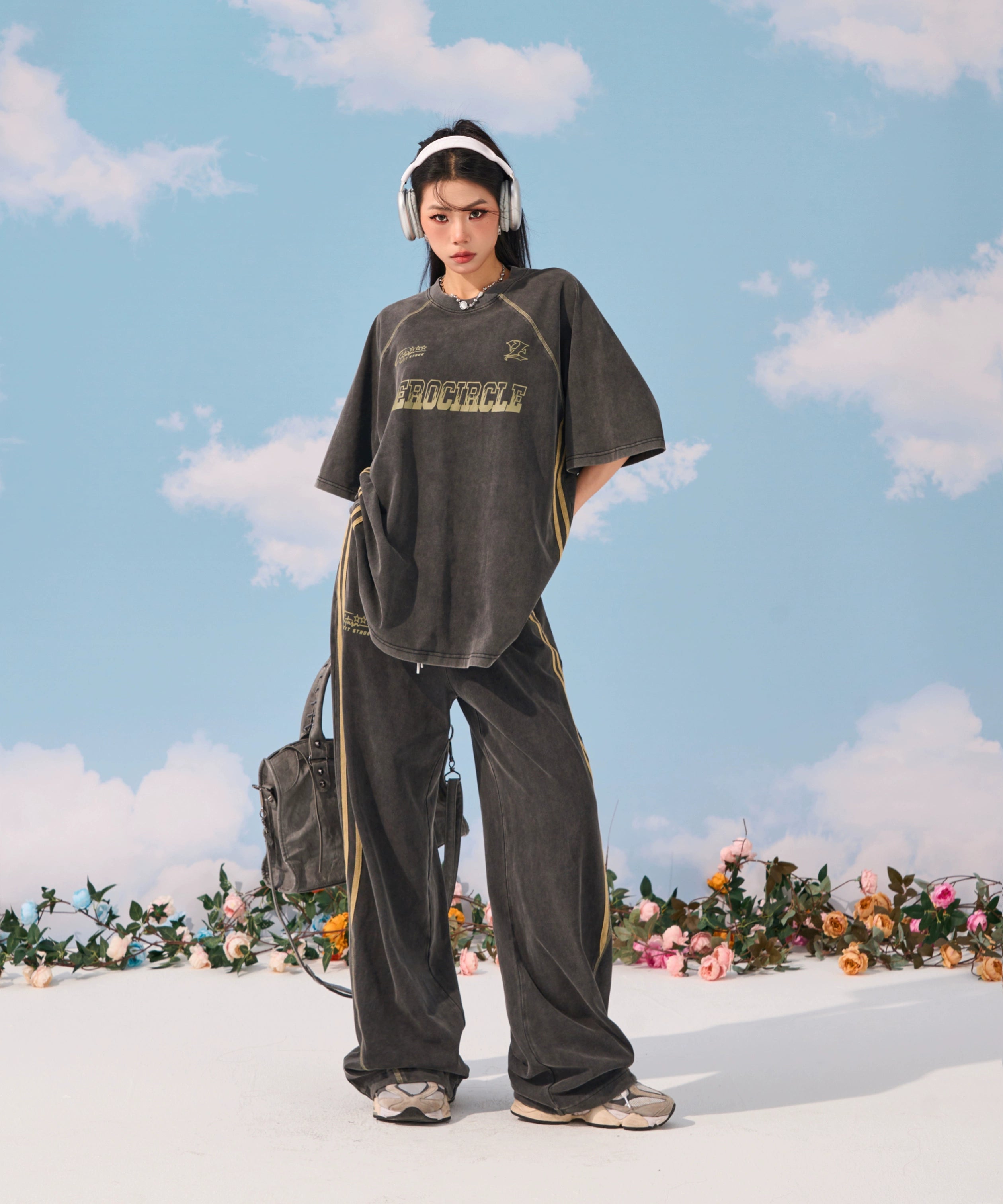 野生zerocircle 休闲套装女夏深灰色水洗宽松印花短袖t恤直筒裤子