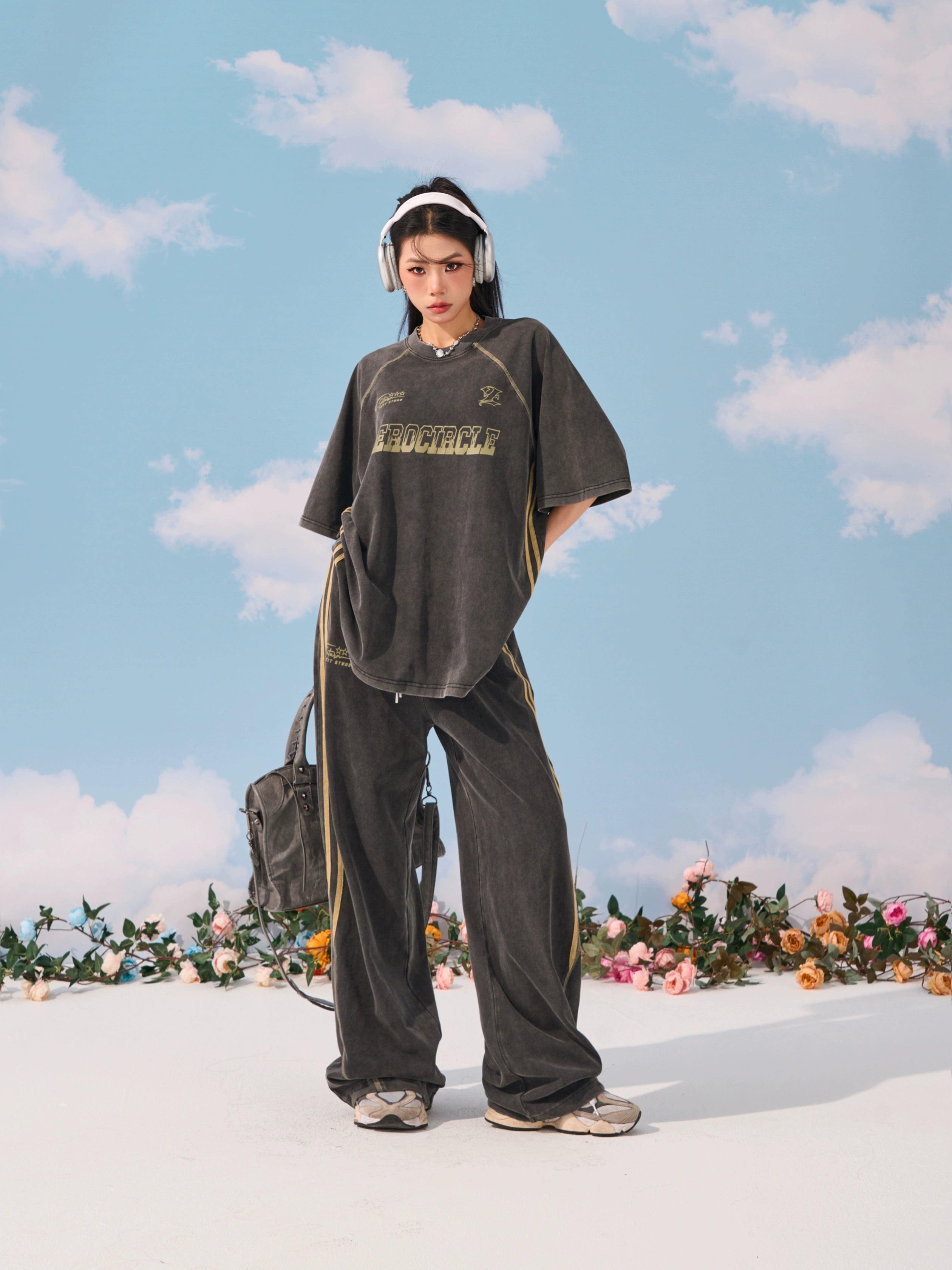 野生zerocircle 休闲套装女夏深灰色水洗宽松印花短袖t恤直筒裤子