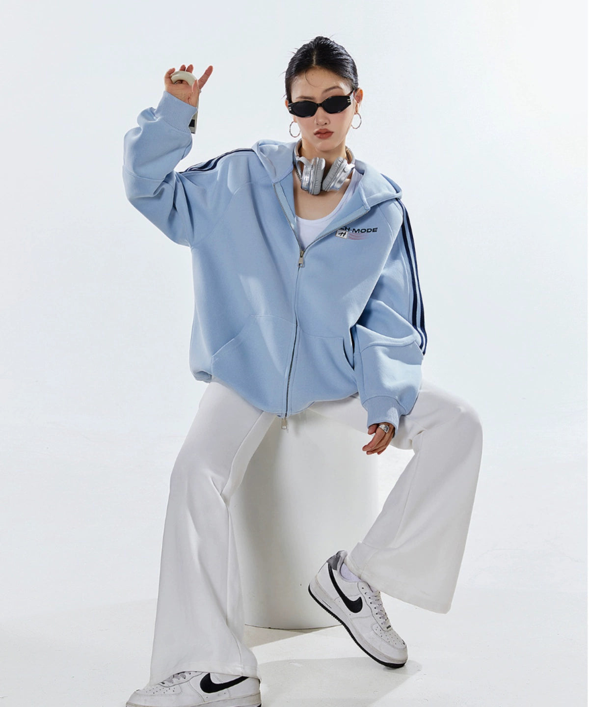 ICH MODE 400G质感条纹运动休闲美式卫衣开衫简约街头潮牌外套女