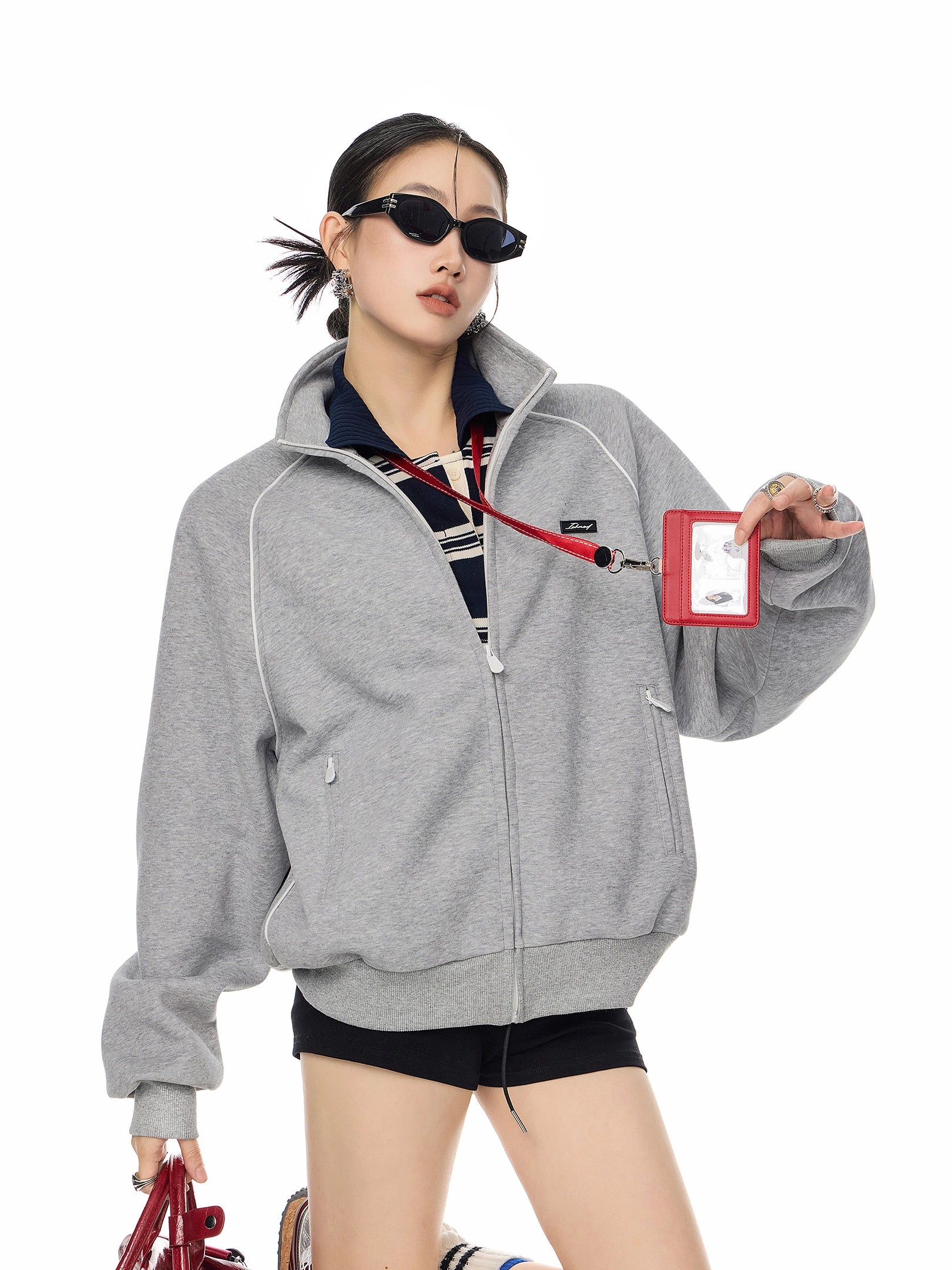 ICH MODE 美式复古立领外套女2025新款秋冬条纹卫衣运动开衫上衣