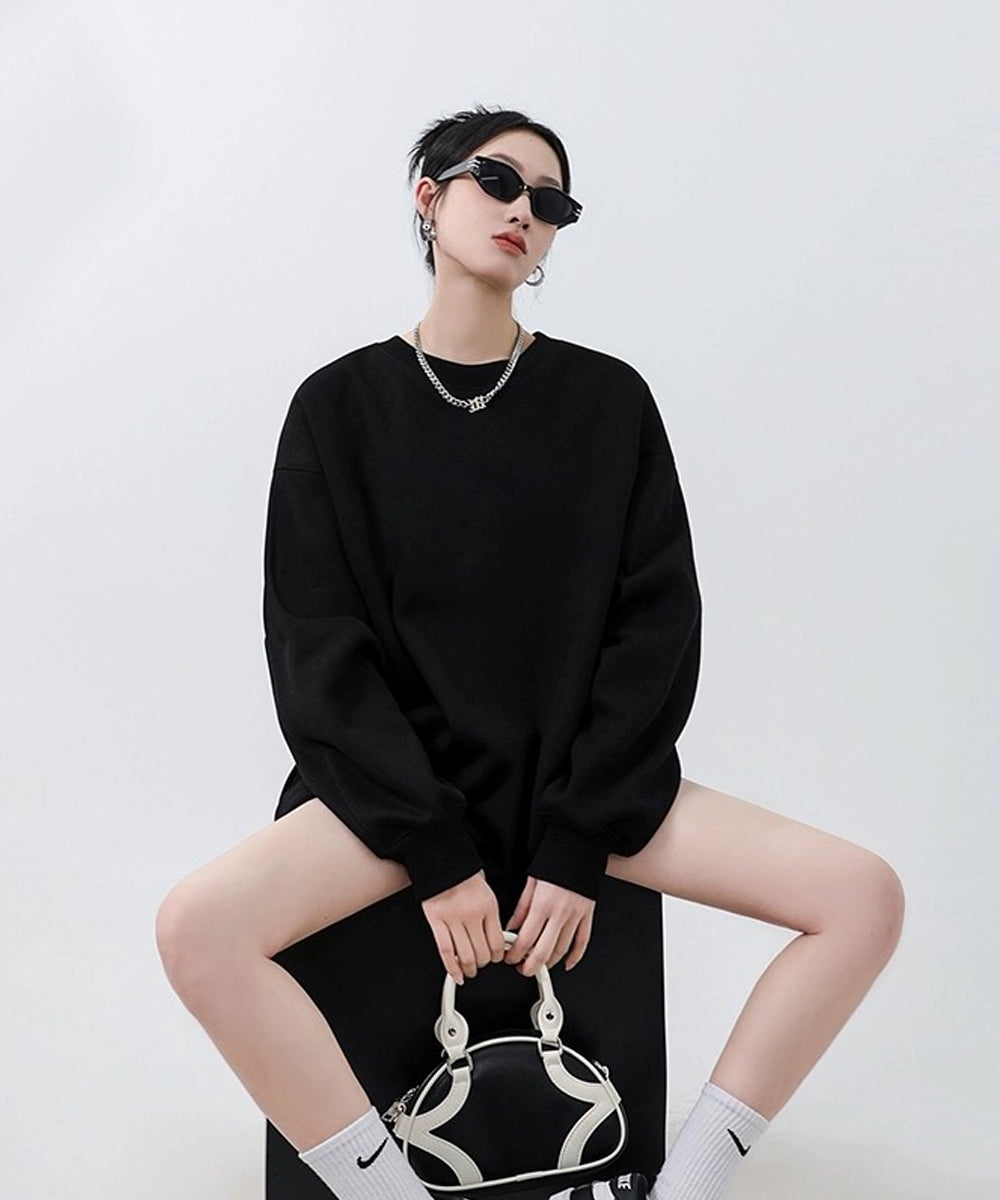 ICH MODE 美式圆领灰色卫衣女秋冬新款宽松慵懒纯色套头外套上衣