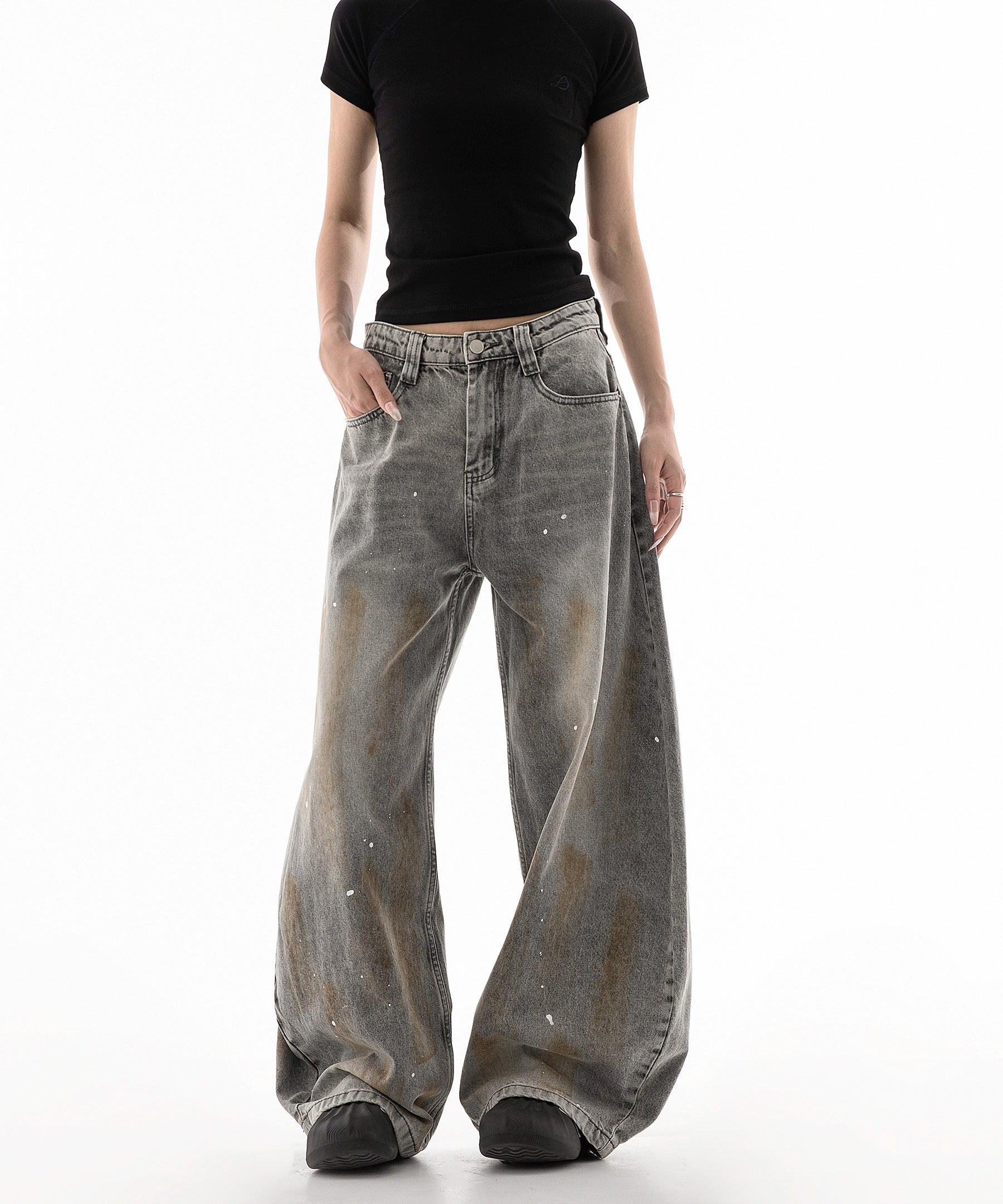 ICH MODE 美式复古做旧牛仔裤女夏季宽松直筒裤休闲阔腿弯刀裤子