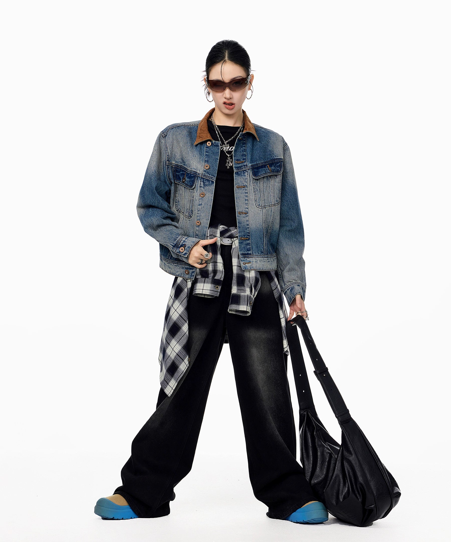 ICH MODE 美式复古水洗做旧牛仔外套女2025秋冬新款翻领夹克上衣