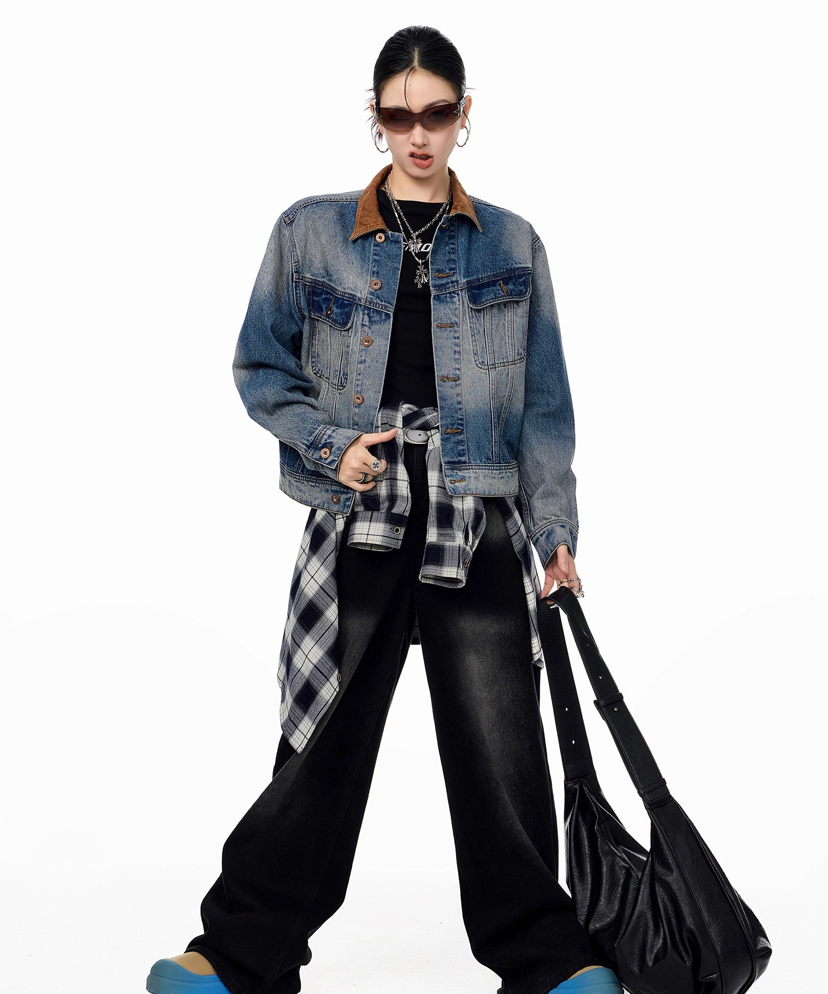 ICH MODE 美式复古水洗做旧牛仔外套女2025秋冬新款翻领夹克上衣