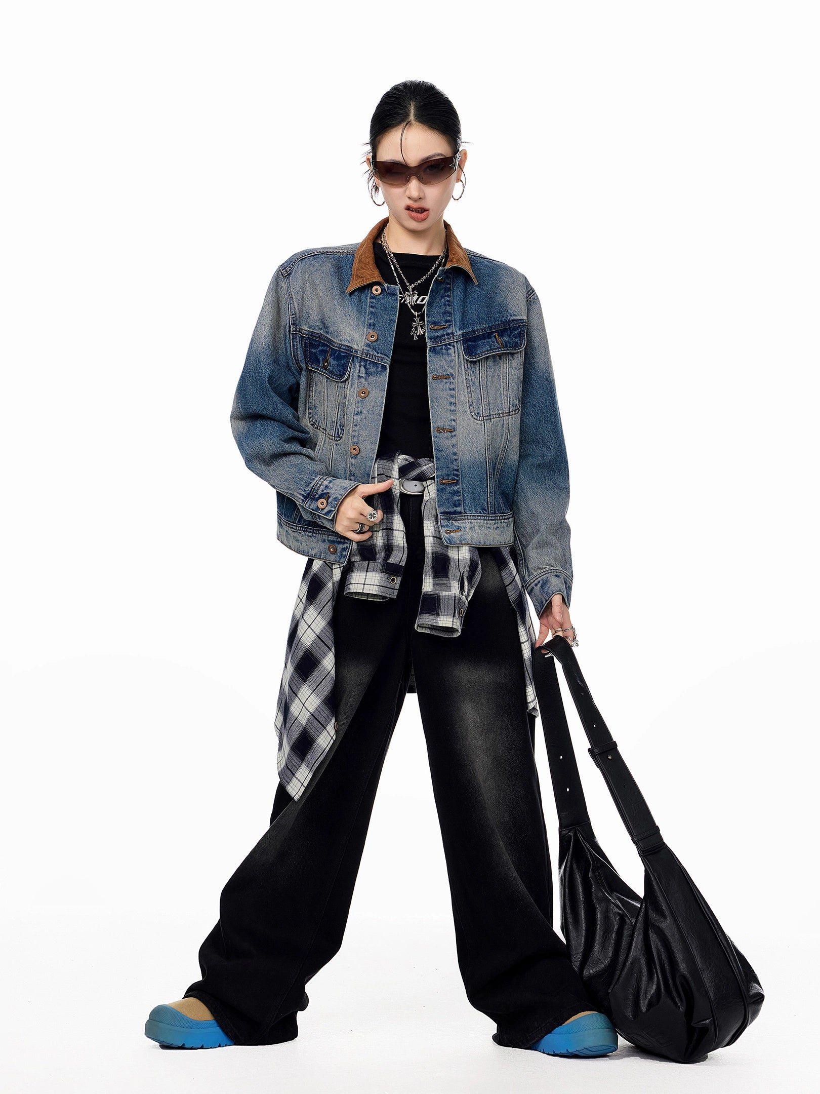 ICH MODE 美式复古水洗做旧牛仔外套女2025秋冬新款翻领夹克上衣