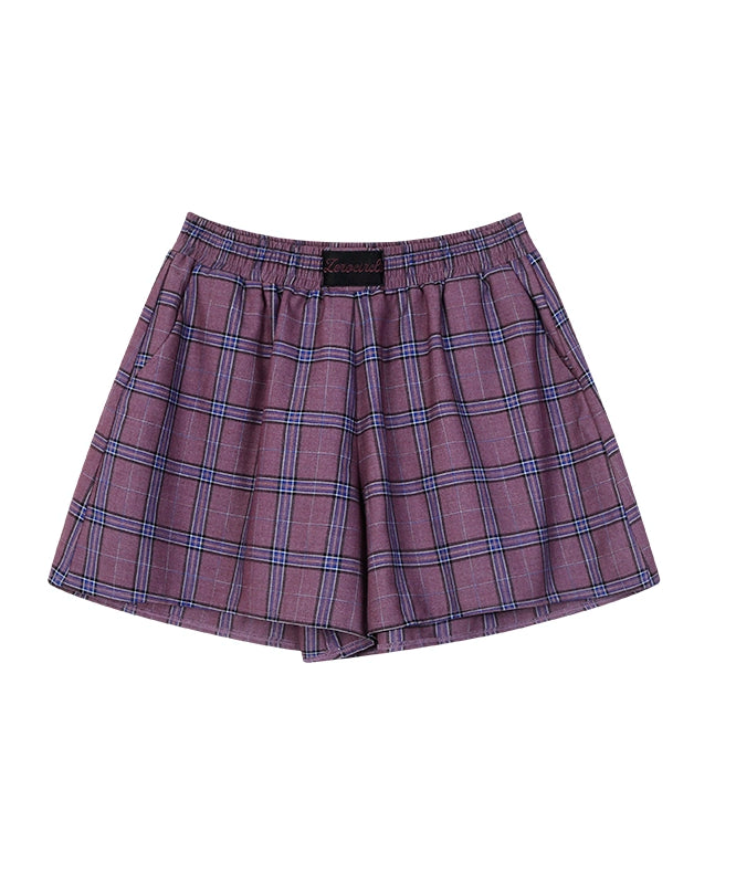 野生zerocircle休闲套装女春季蓝紫色格子宽松长袖衬衫显瘦短裤子