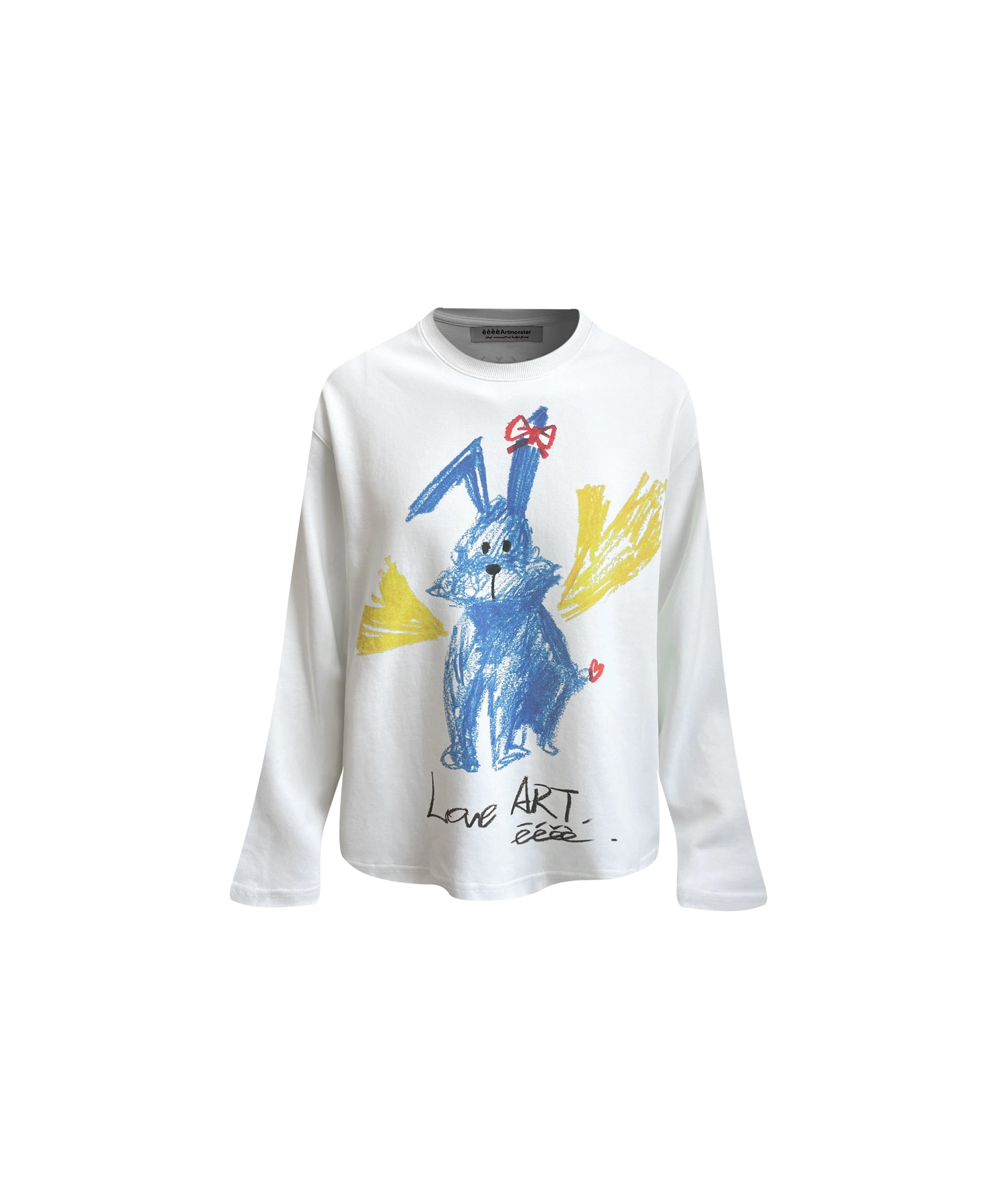 eeeeArtmonster“蓝色兔子”蜡笔手绘印花T恤重磅爱心兔长袖上衣
