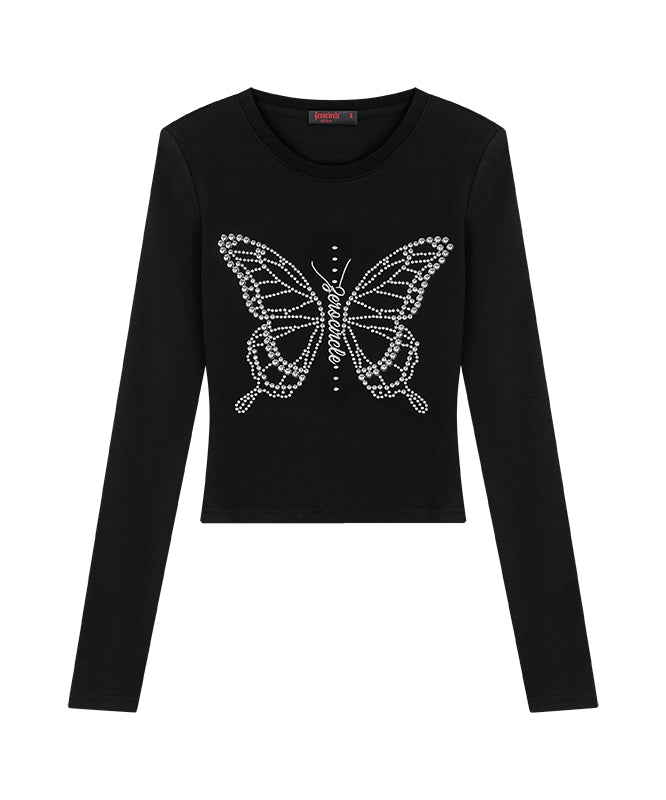 野生zerocircle 黑棕色正肩长袖t恤女春辣妹修身钉珠蝴蝶短款上衣
