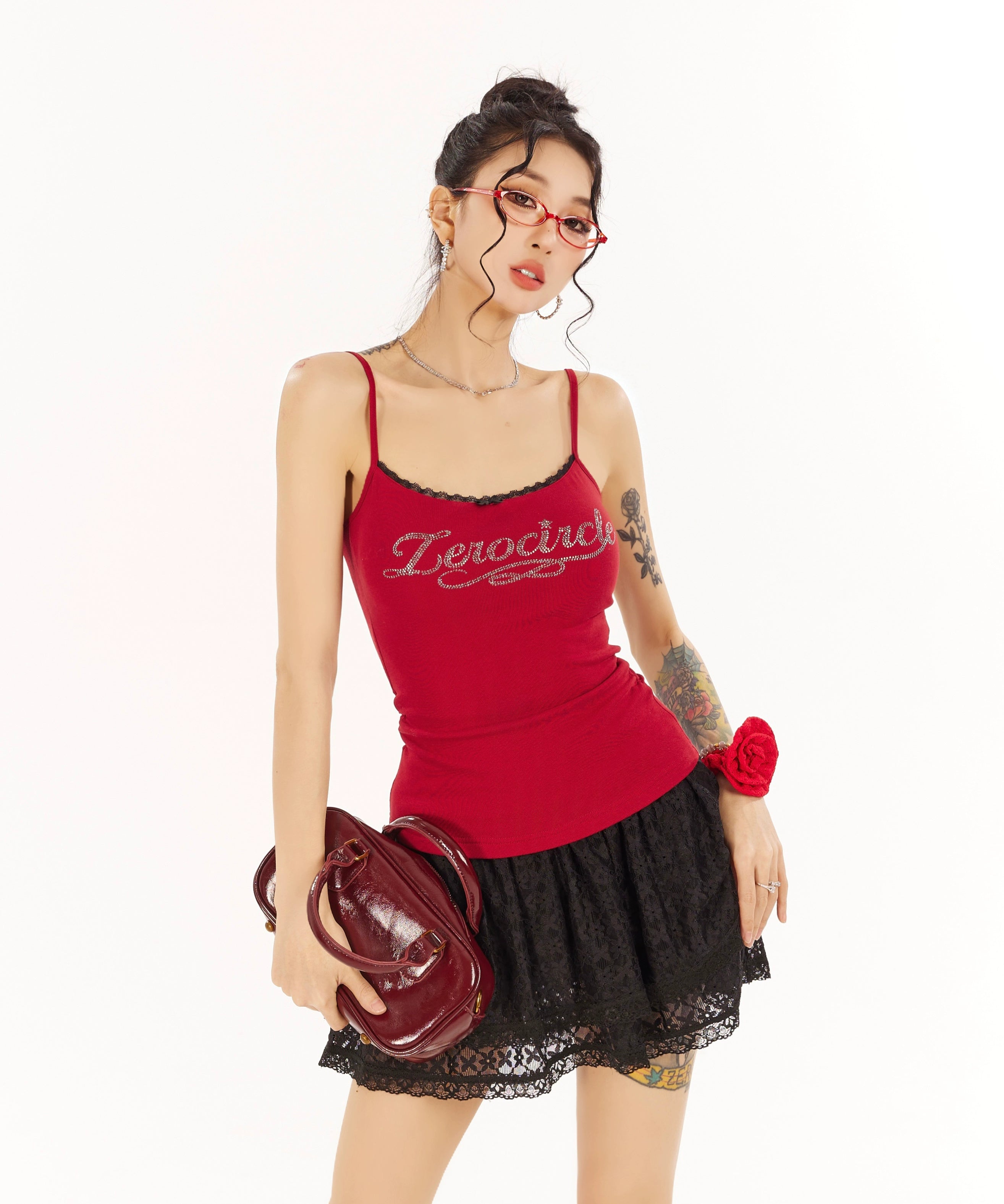 野生zero红蓝色吊带胸垫无袖背心女夏设计感外穿辣妹修身烫钻上衣