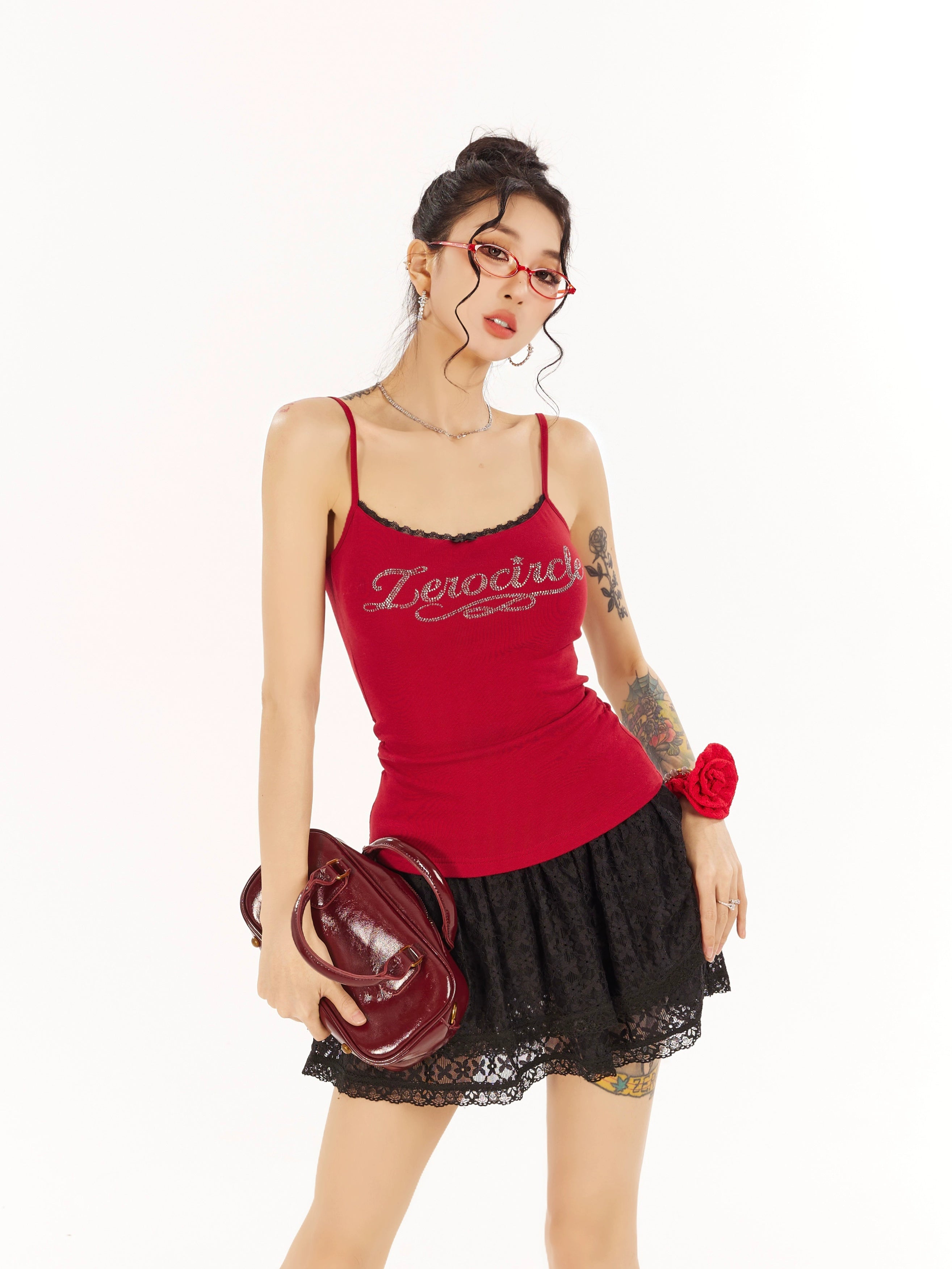 野生zero红蓝色吊带胸垫无袖背心女夏设计感外穿辣妹修身烫钻上衣