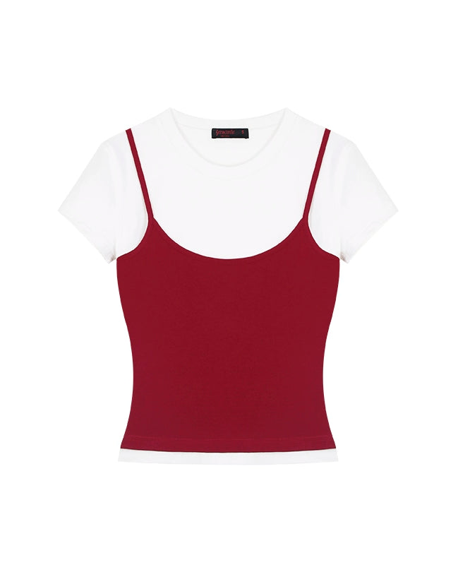 野生zero 撞色正肩短袖t恤女夏辣妹设计感显瘦修身短款假两件上衣