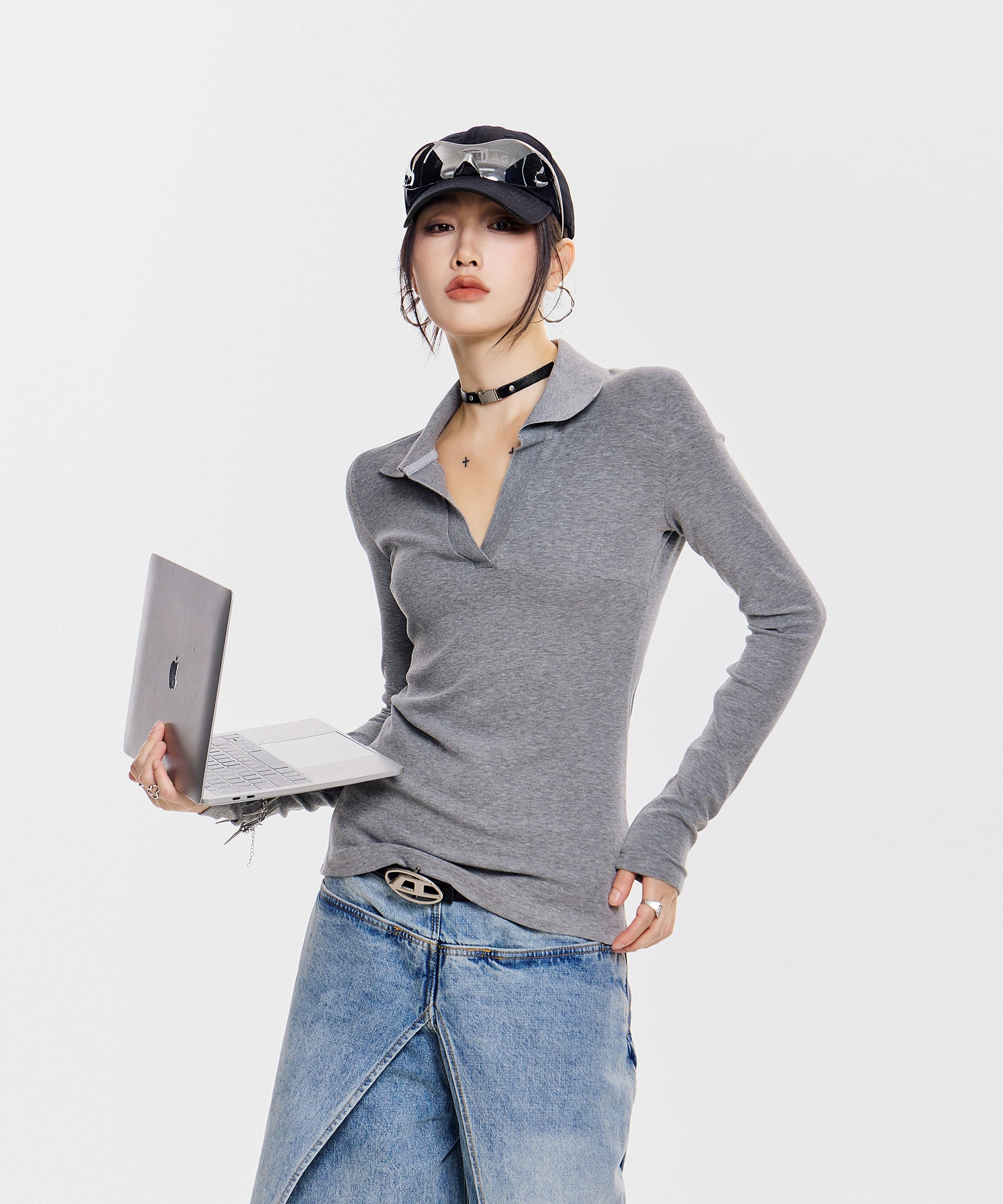 ICH MODE 美式复古POLO衫长袖T恤女秋冬新款修身正肩上衣2025新款