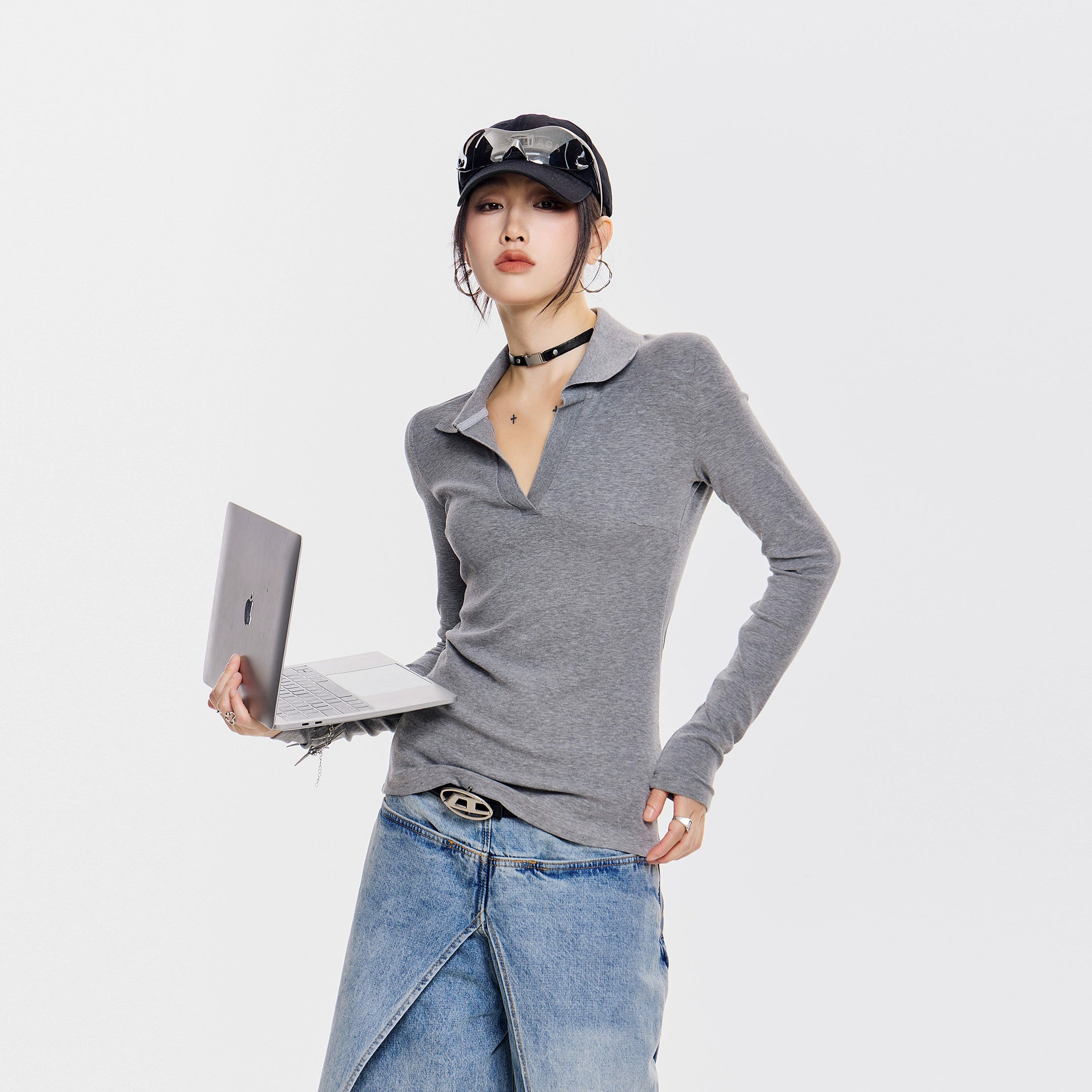 ICH MODE 美式复古POLO衫长袖T恤女秋冬新款修身正肩上衣2025新款