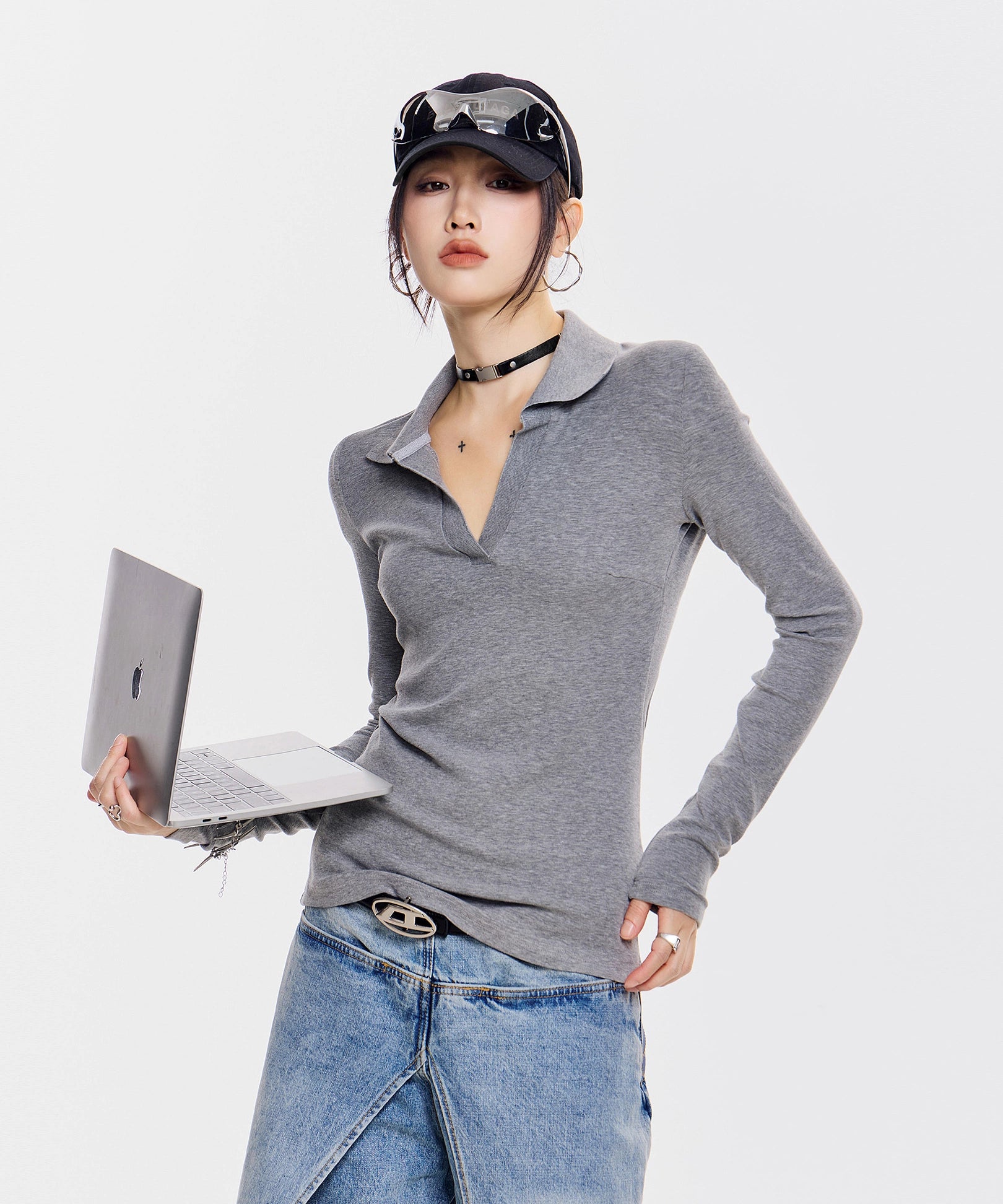 ICH MODE 美式复古POLO衫长袖T恤女秋冬新款修身正肩上衣2025新款