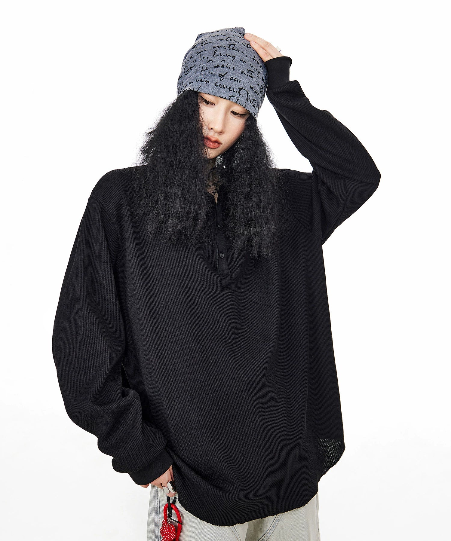 ICH MODE 美式亨利领长袖T恤女2025年夏季新款华夫格宽松休闲罩衫