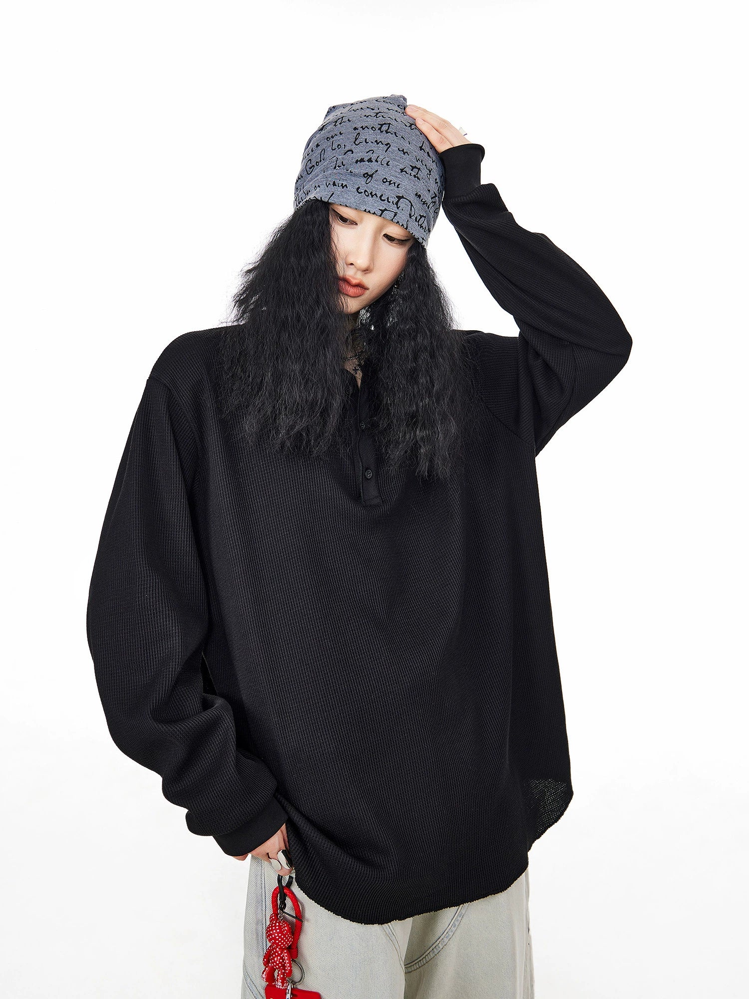 ICH MODE 美式亨利领长袖T恤女2025年夏季新款华夫格宽松休闲罩衫