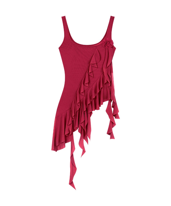 野生zero红色吊带背心女夏季外穿辣妹修身显瘦无袖荷叶边网纱上衣