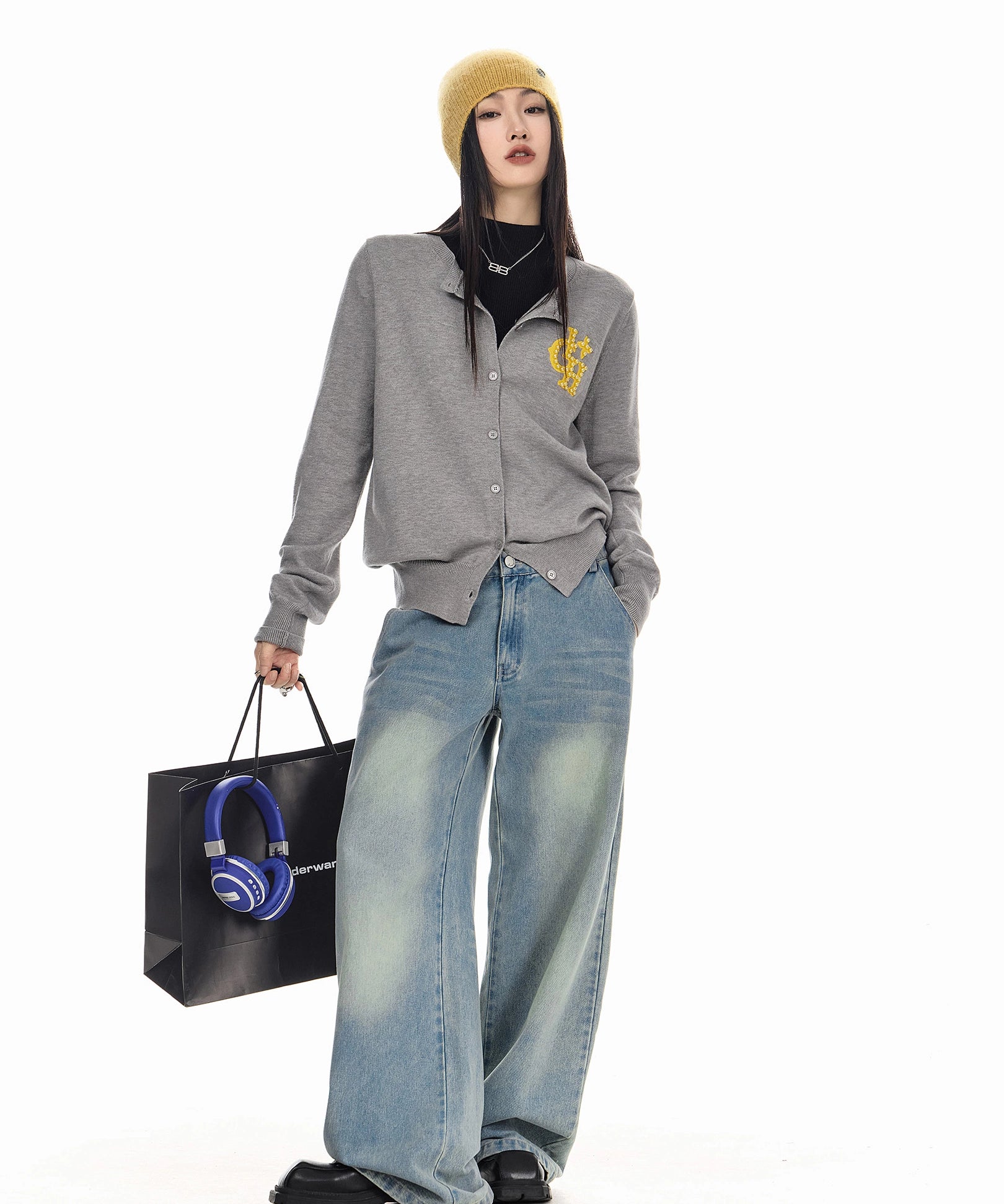 ICH MODE 美式复古珍珠针织开衫女秋冬季氛围感外搭休闲毛衣外套