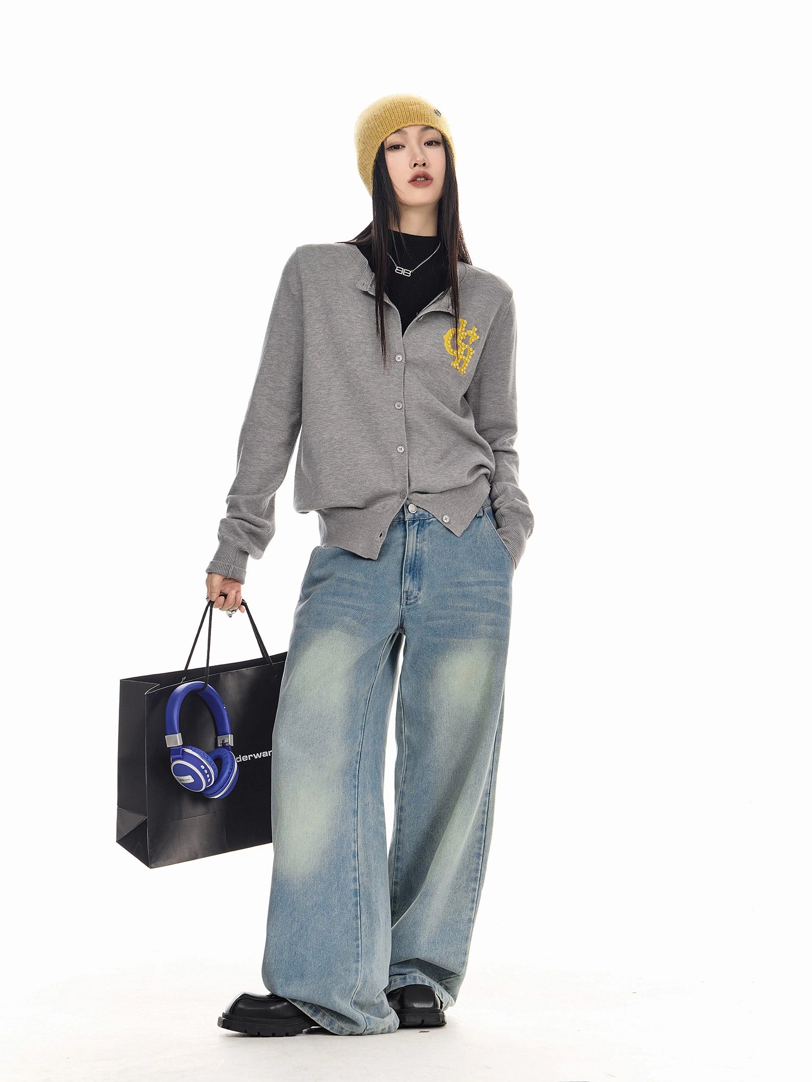 ICH MODE 美式复古珍珠针织开衫女秋冬季氛围感外搭休闲毛衣外套