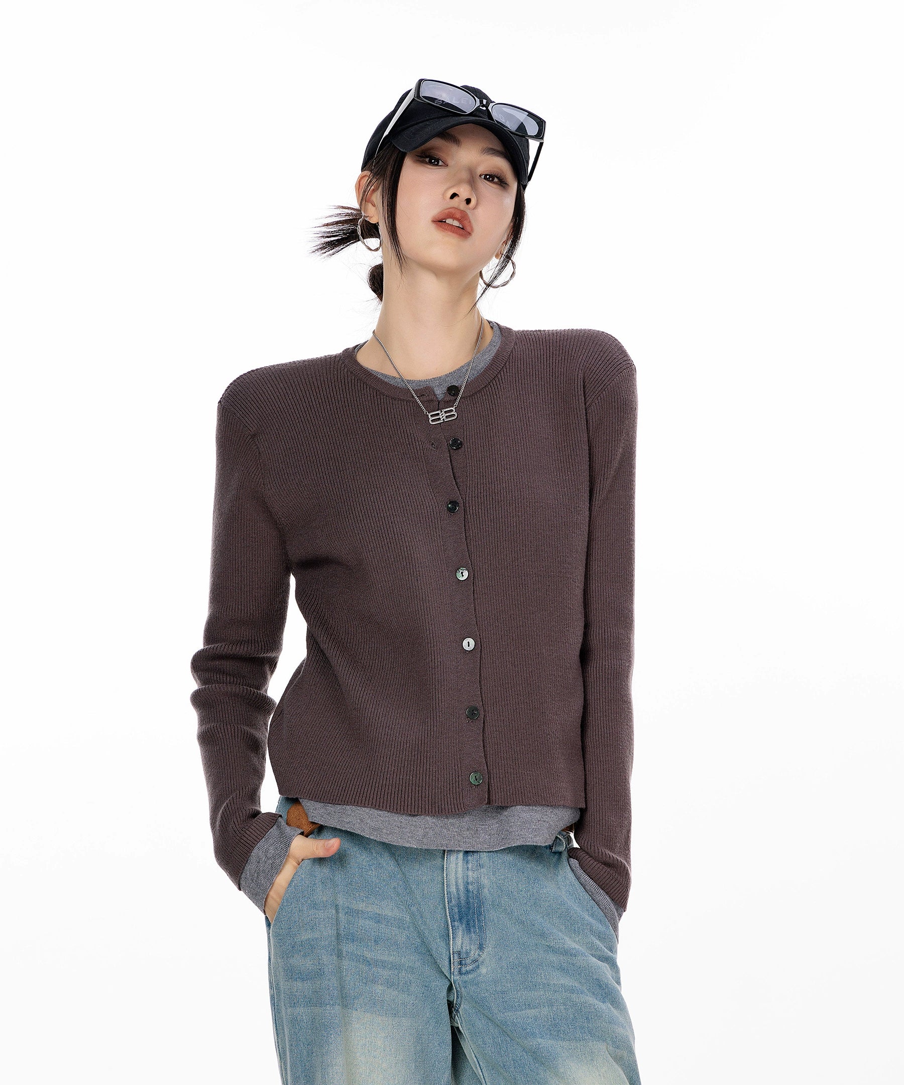 ICH MODE 美式复古修身针织开衫女2025秋冬新款外搭长袖毛衣外套