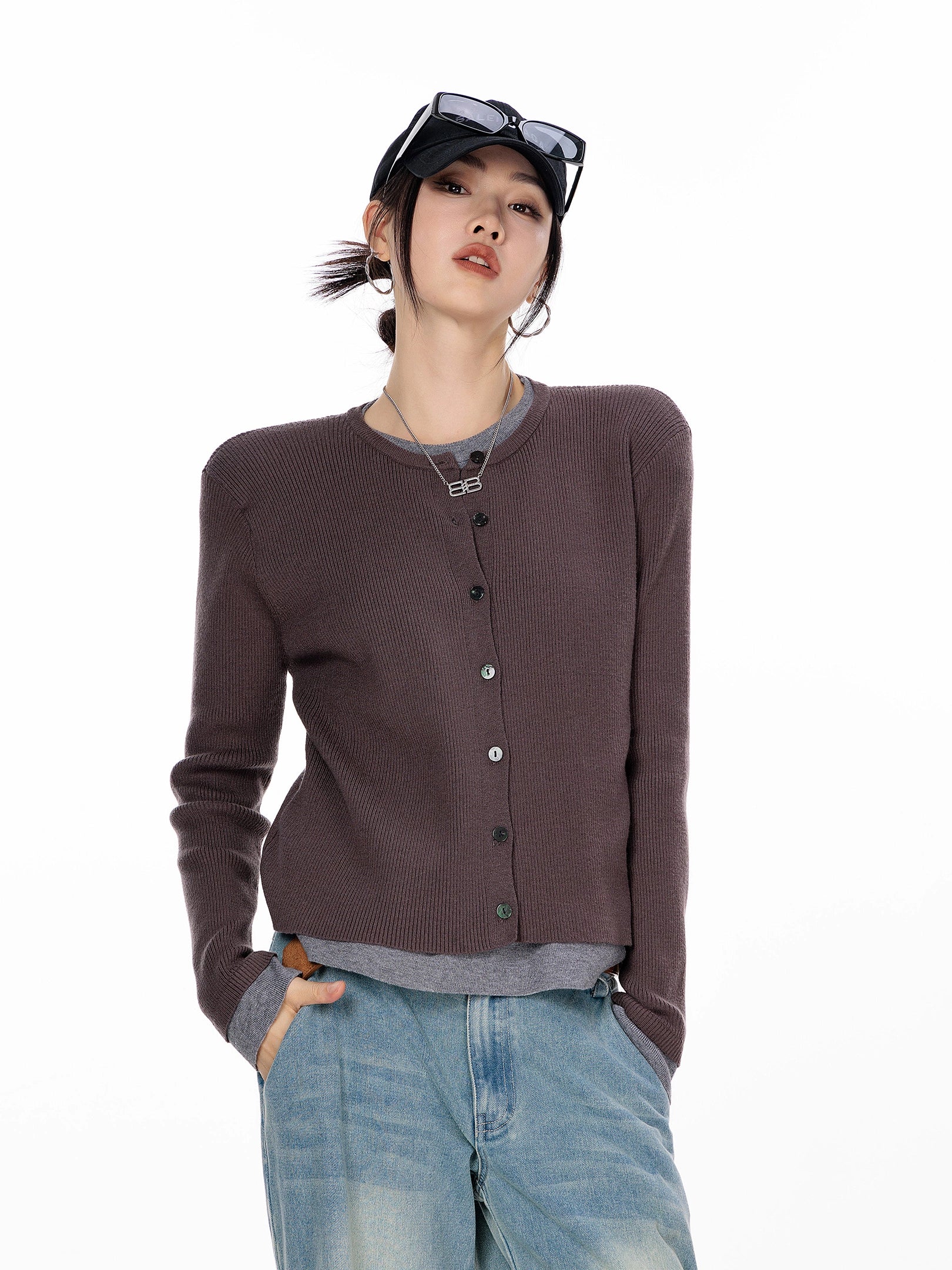 ICH MODE 美式复古修身针织开衫女2025秋冬新款外搭长袖毛衣外套