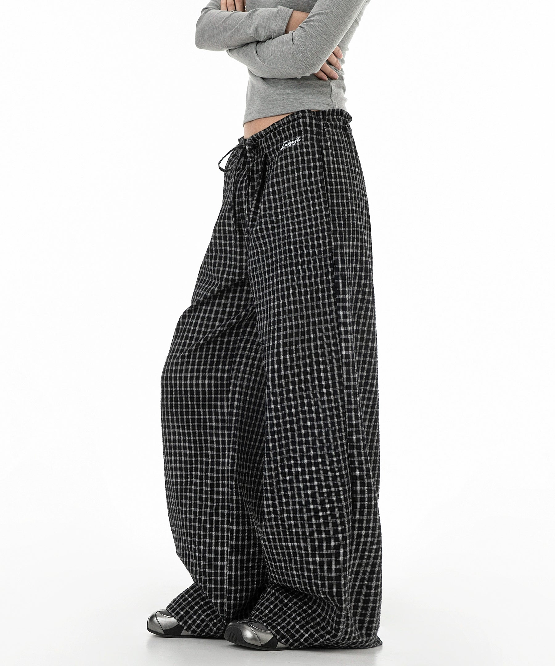 ICH MODE 美式复古宽松休闲裤女运动格子裤百搭直筒阔腿裤长裤子