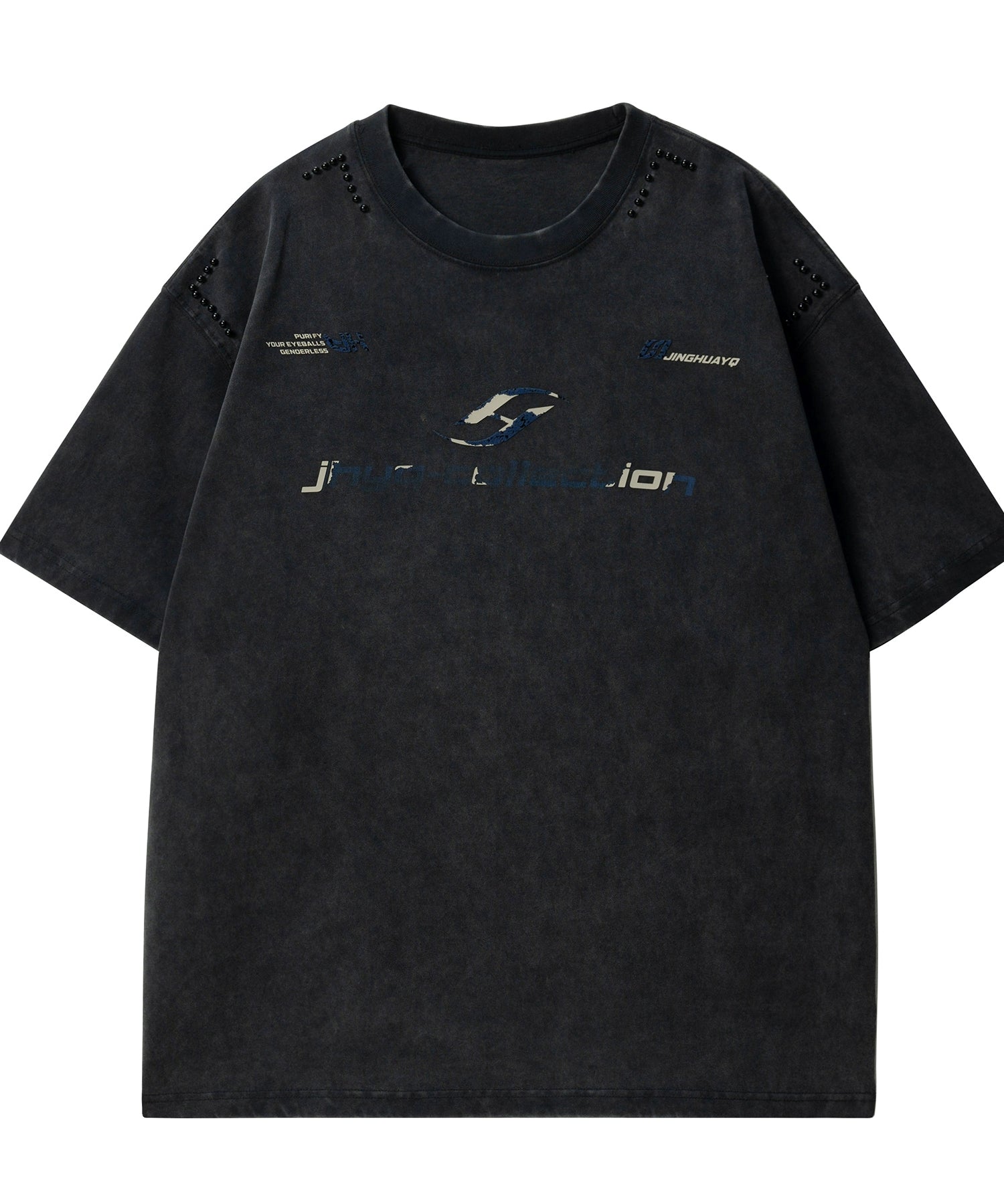 【水洗系列】JHYQ美式280g破坏字母印花钉珠短袖t恤男宽松潮嘻哈
