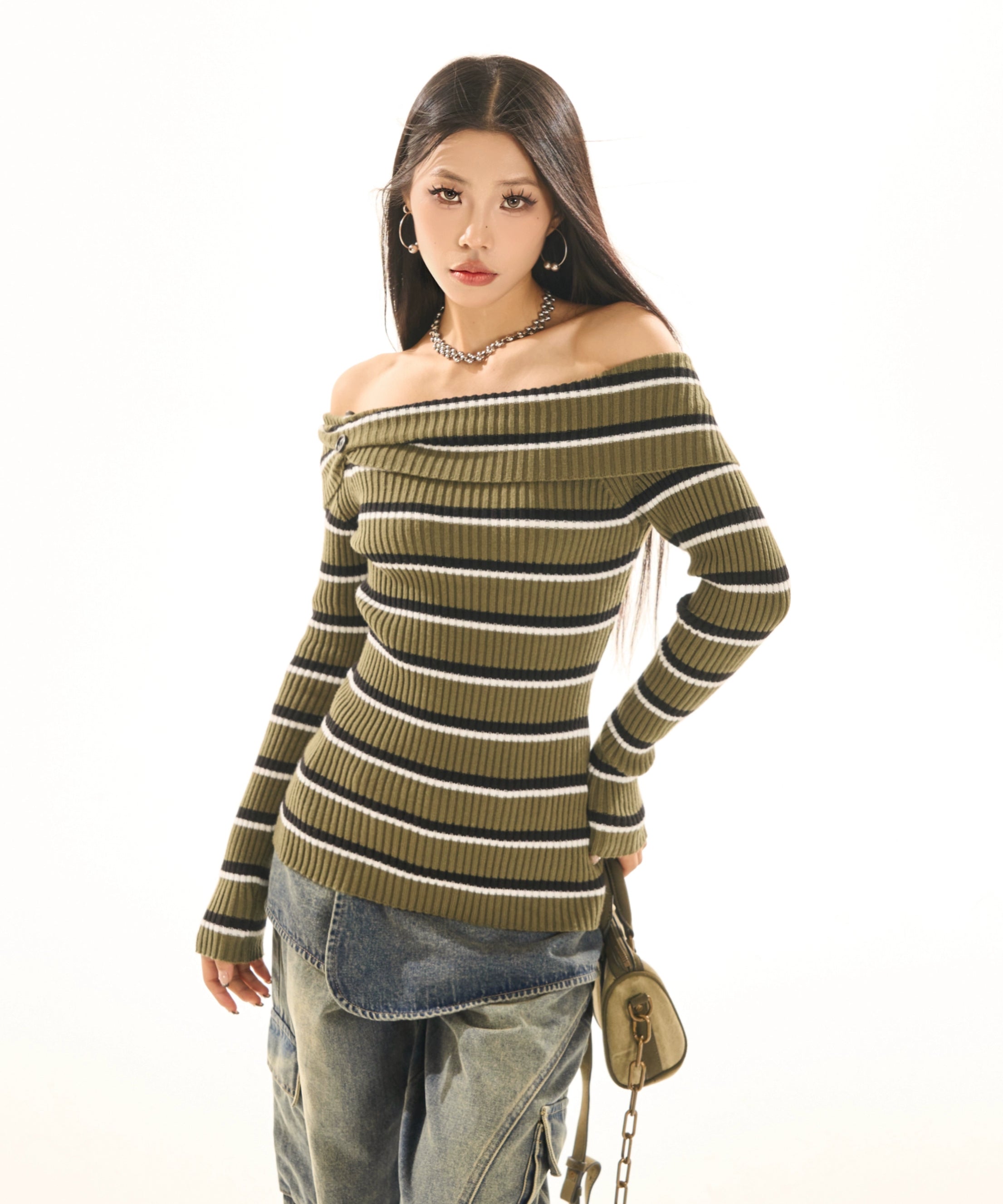 野生zerocircle一字肩撞色条纹毛衣女春季外穿修身显瘦针织衫上衣